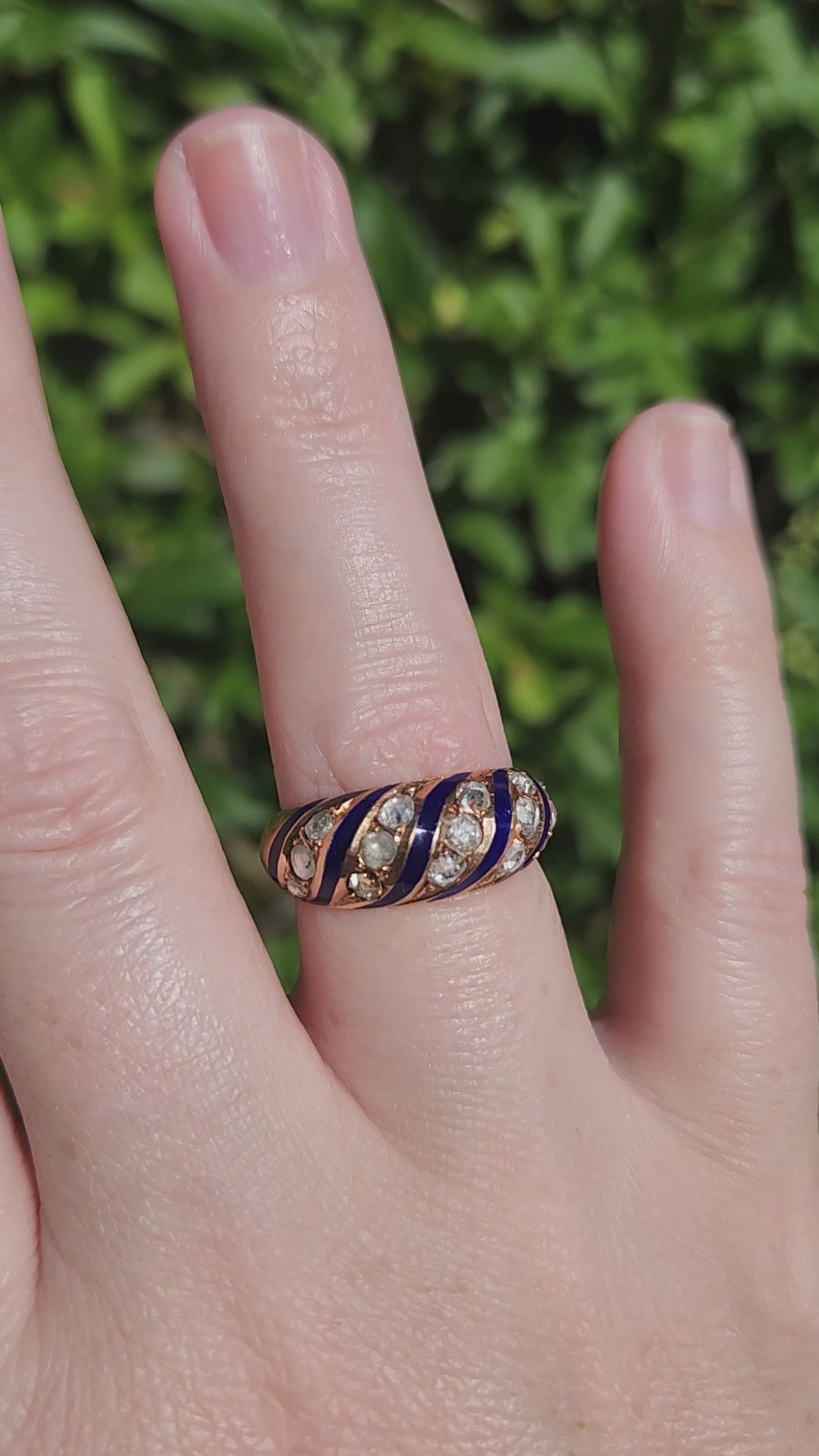 Antique Rose Cut Diamond and Royal Blue Enamel Domed Ring in 14k Rose Gold