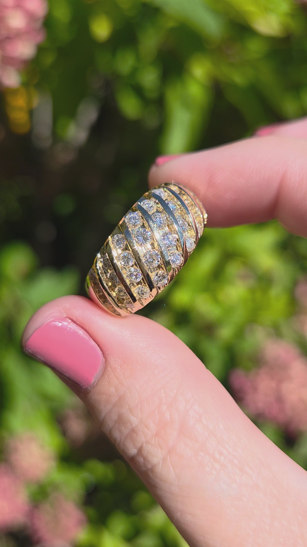 Vintage Diamond Waterfall Channel Set Dome Ring in 14k Yellow Gold