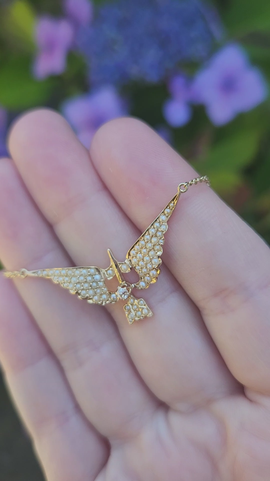 Victorian Old Mine Cut & Seed Pearl Swallow Bird Necklace in 10k with 14k Chain