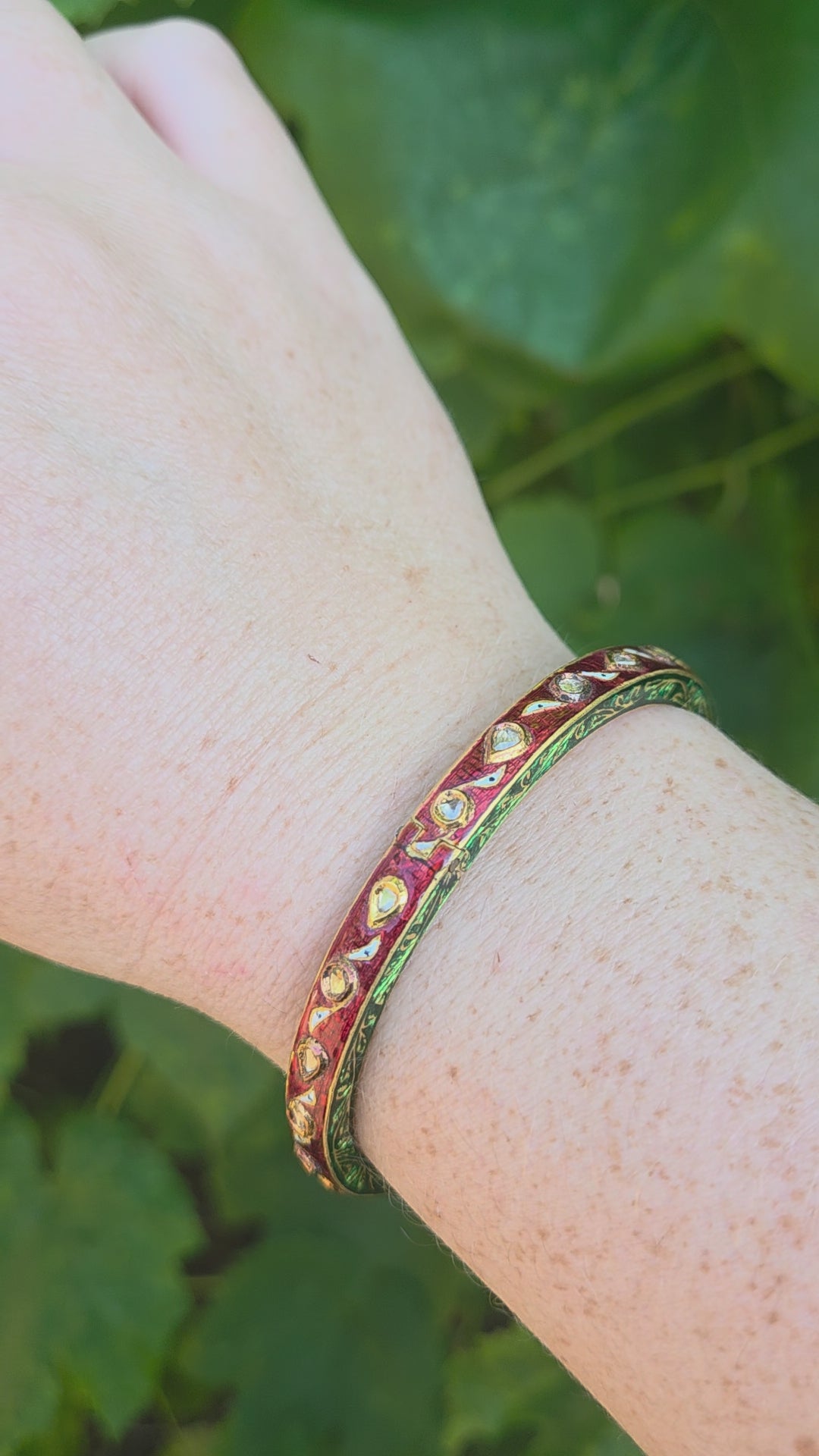 Indian Mughal Style Hinged Bangle with Red & Green Enamel and Polki Diamonds