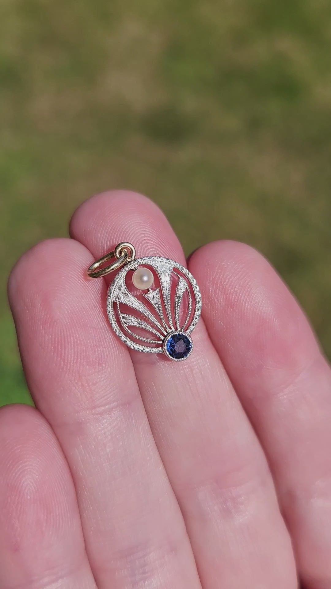 Antique Edwardian Yogo Sapphire and Pearl Pendant Charm in Platinum and 14k Yellow Gold