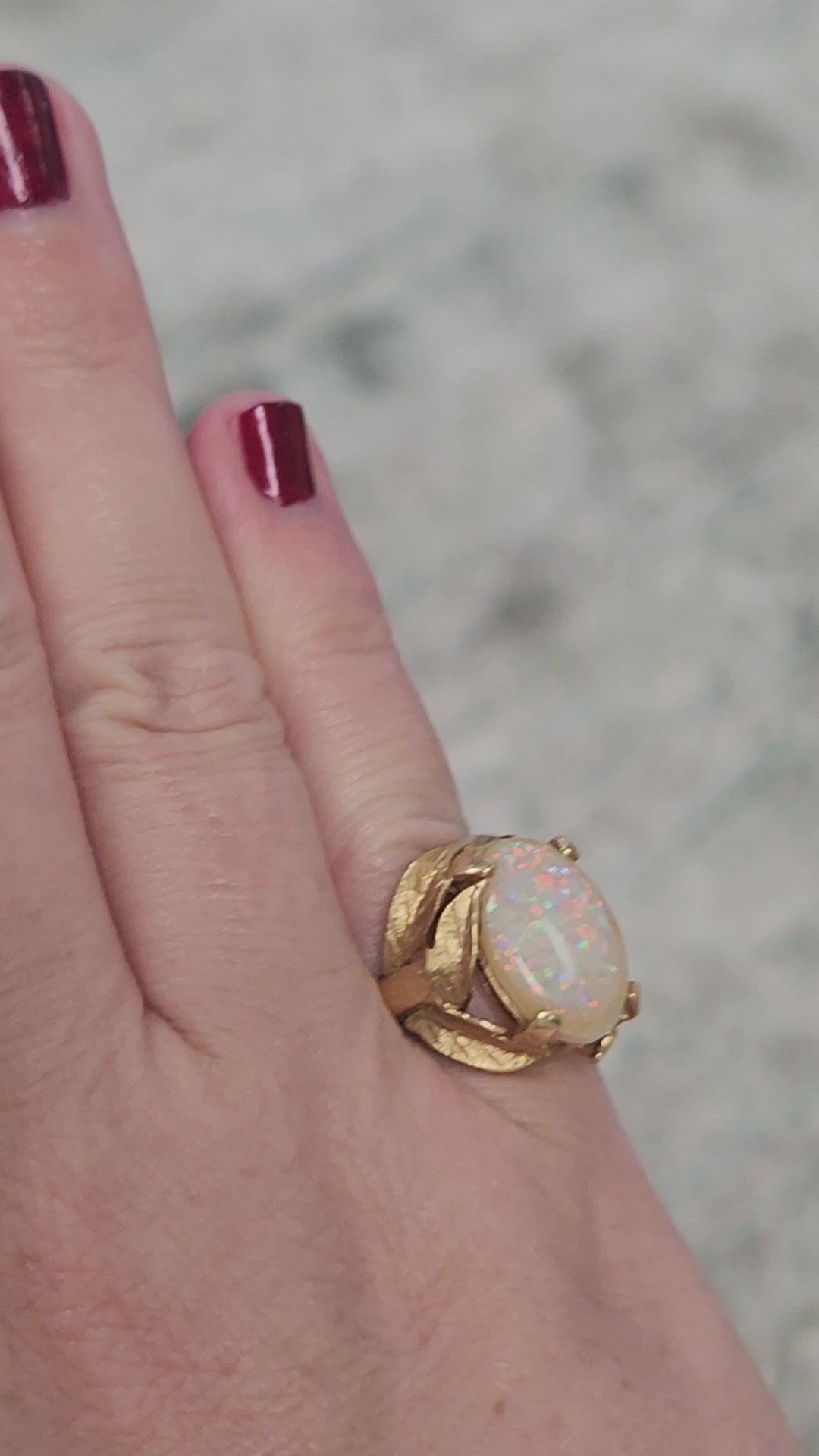 Mid-Century Opal Cocktail Ring with Leaf Design in 14k Yellow Gold