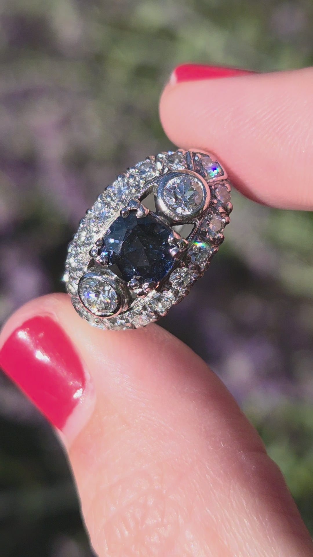 Vintage Blue Sapphire and Bezel Set Diamond Statement Ring in Platinum