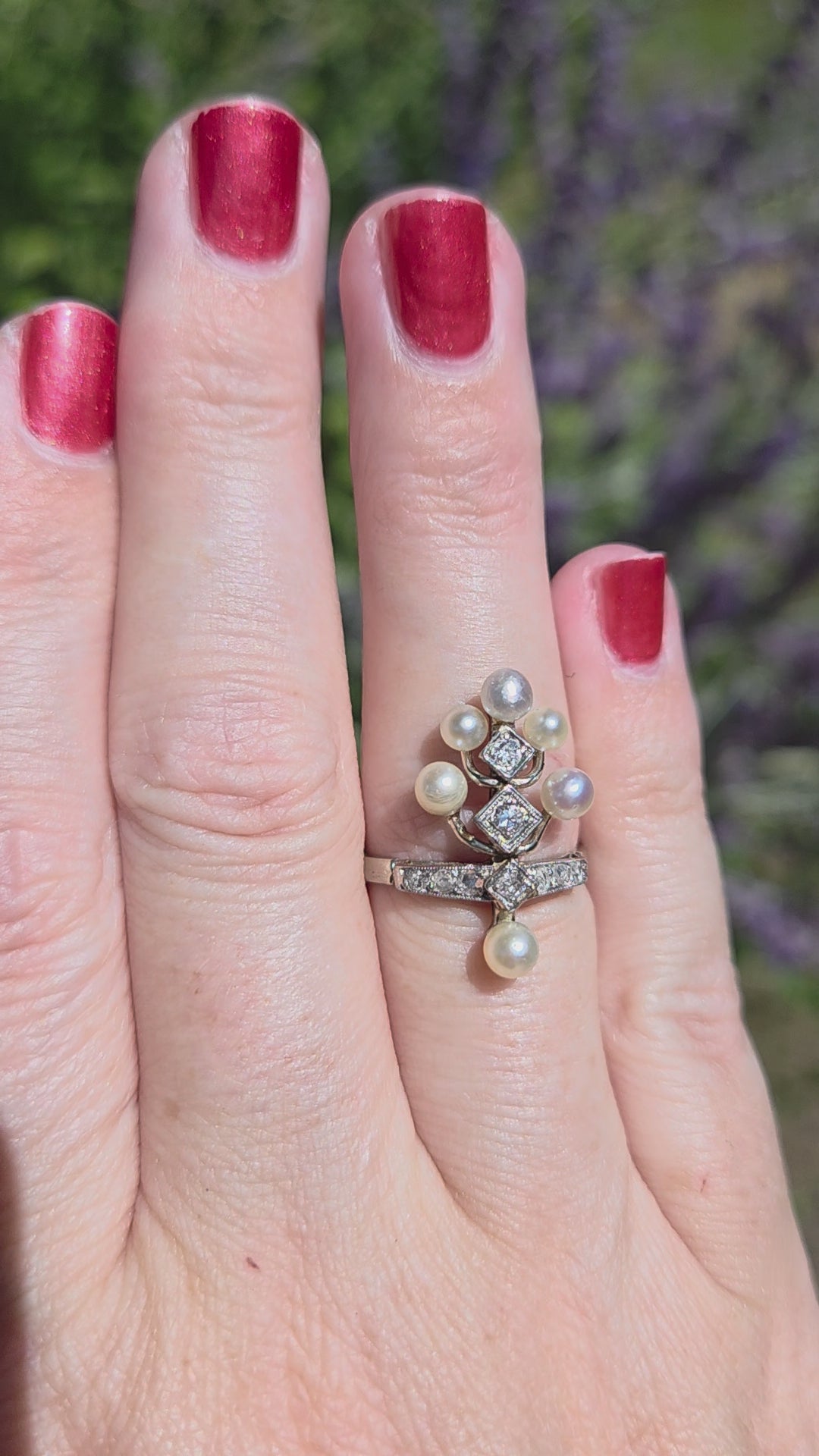 Antique Edwardian Pearl and Diamond Tiara Ring in Platinum and 14k White Gold