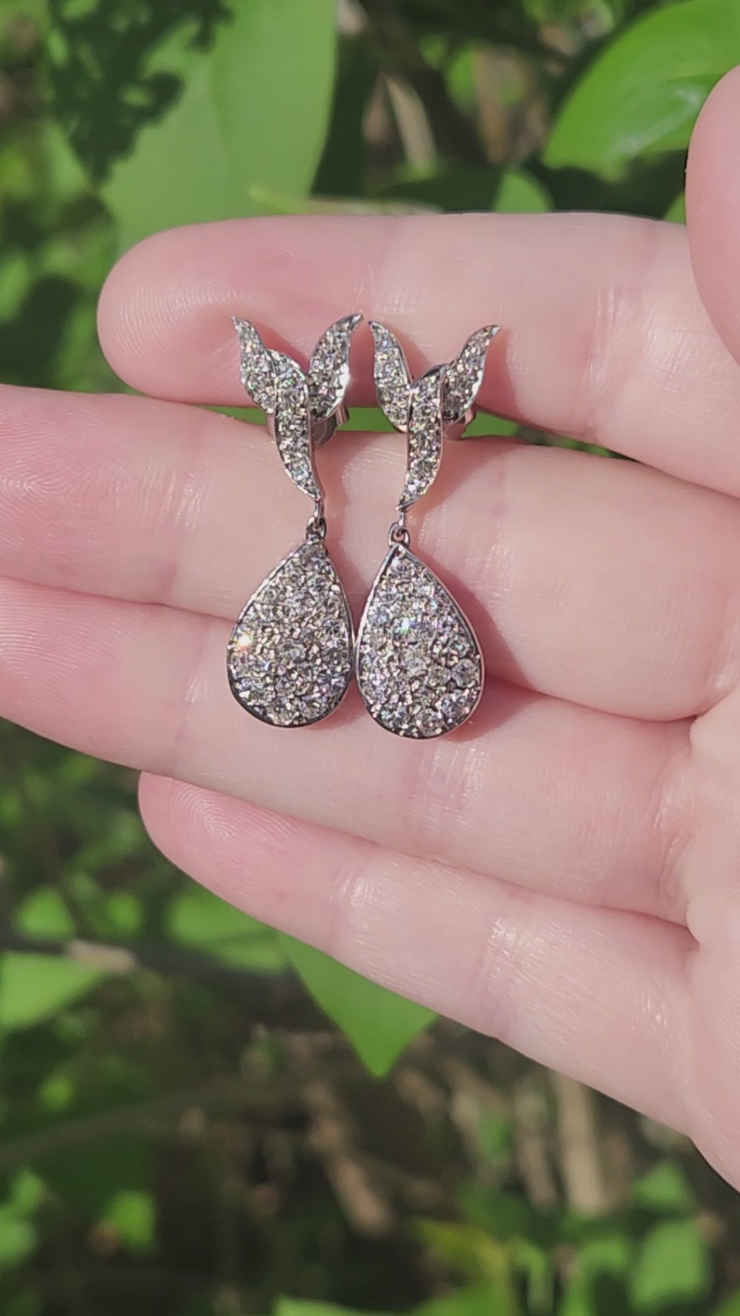 Vintage Pave' Diamond Pear Drop Earrings in 14k White Gold
