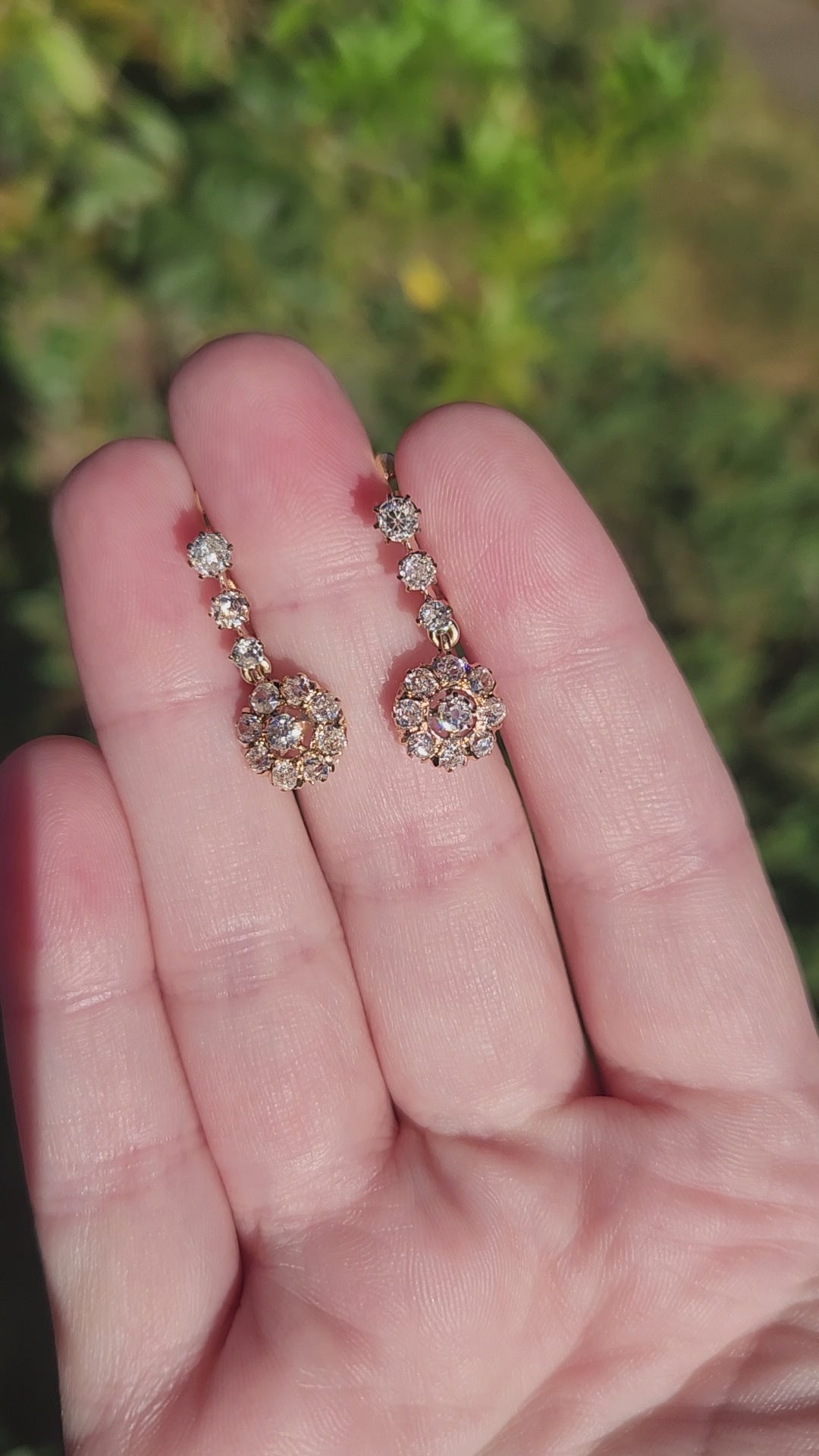 Sparkling Antique Victorian Old Cut Diamond Dangle Earrings in 14k Rose Gold