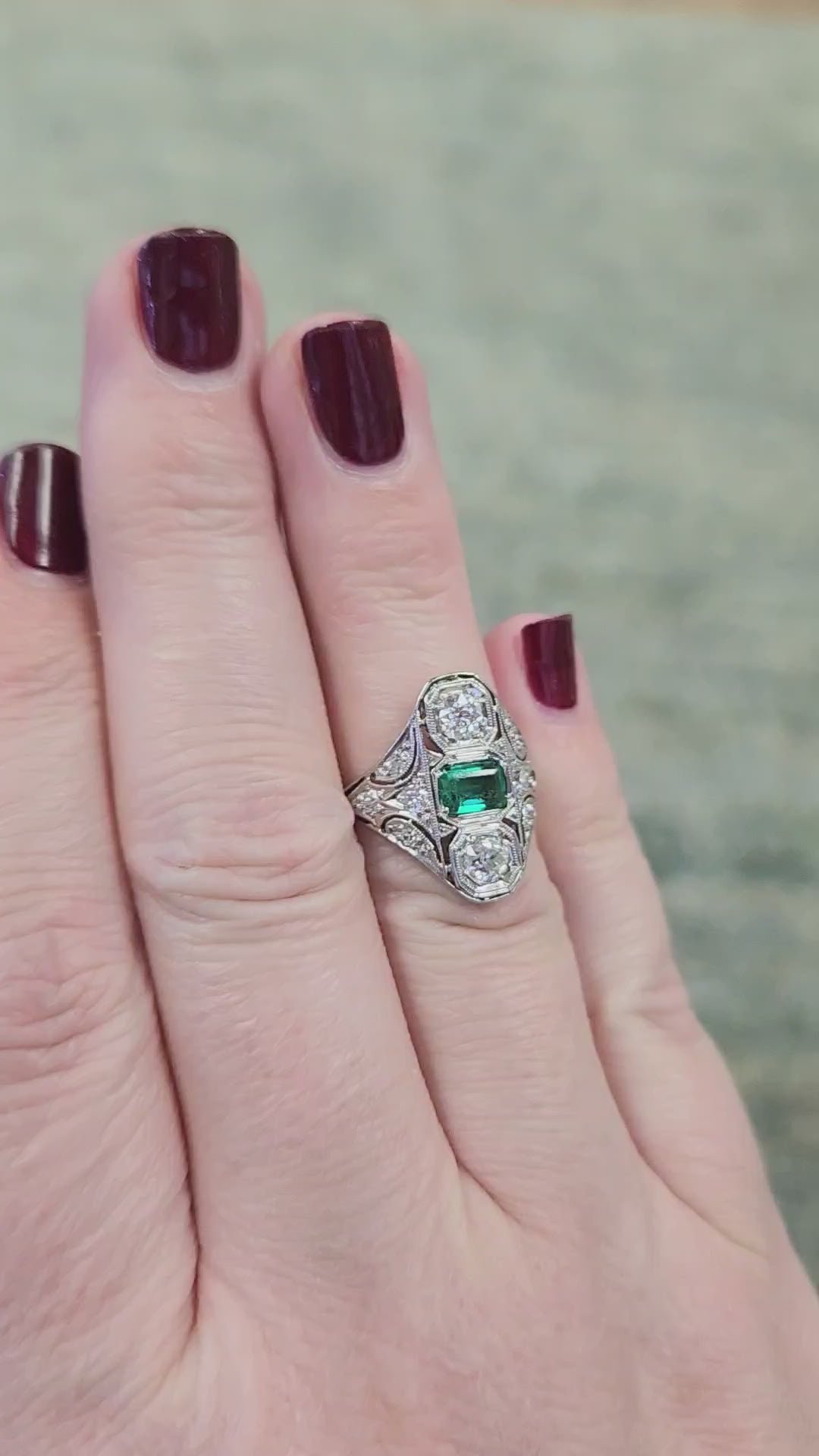Art Deco Emerald and Old European Cut Diamond Ring in Platinum