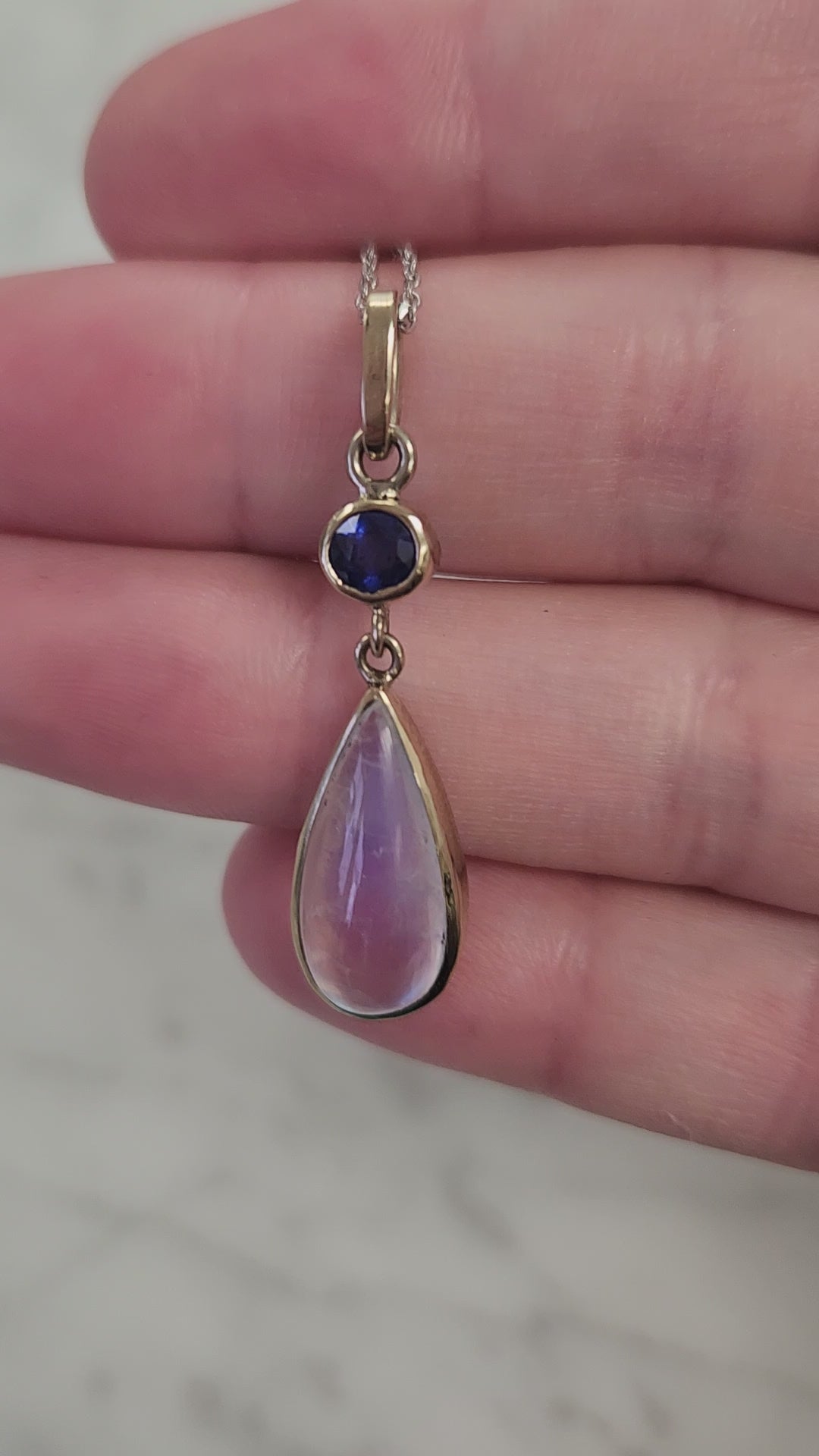 Handcrafted Blue Moonstone and Blue Sapphire Bezel Set Pendant Necklace in 14k White Gold