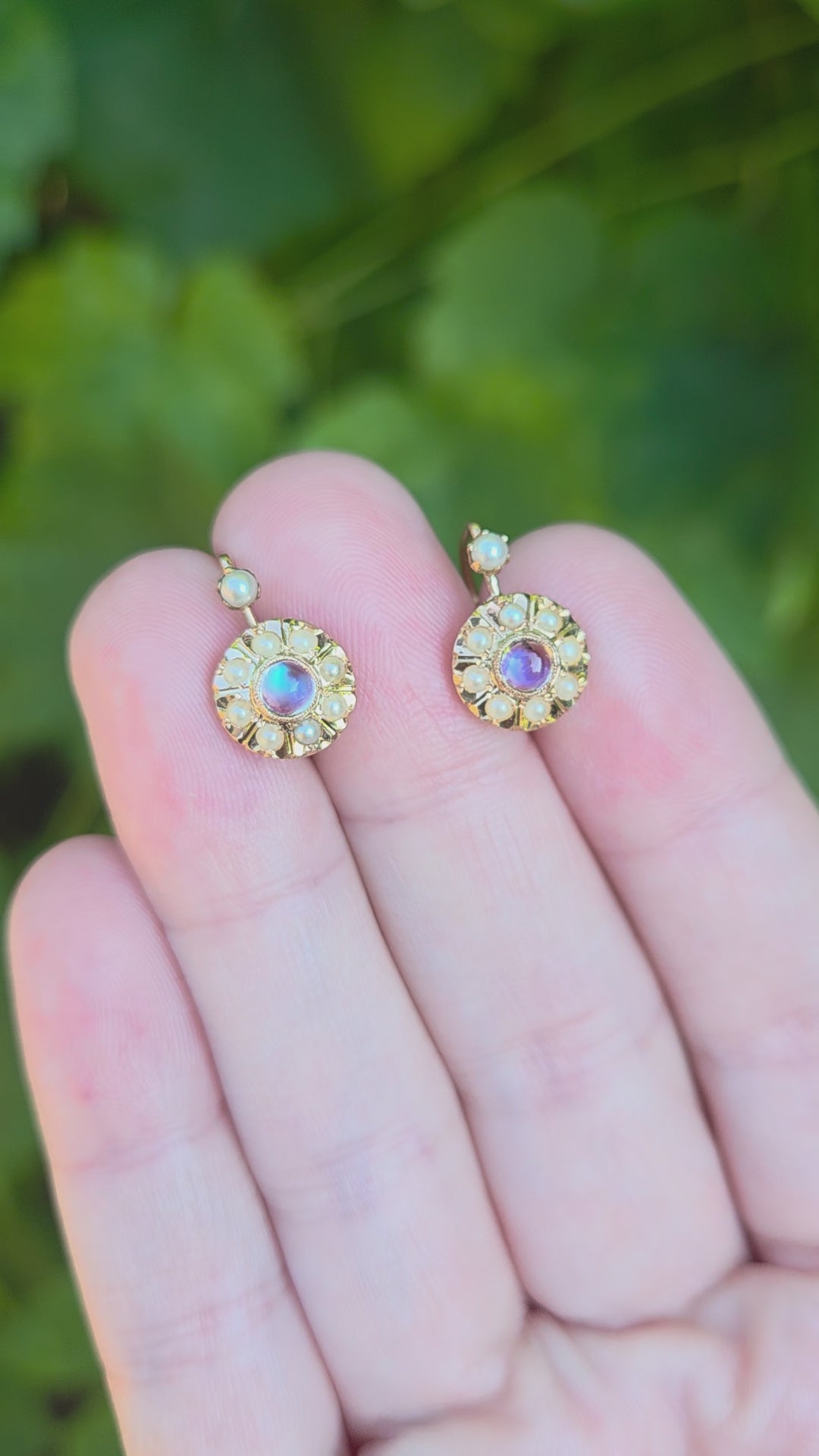Antique Victorian Moonstone and Pearl Drop Earrings in 14k Rosy Gold