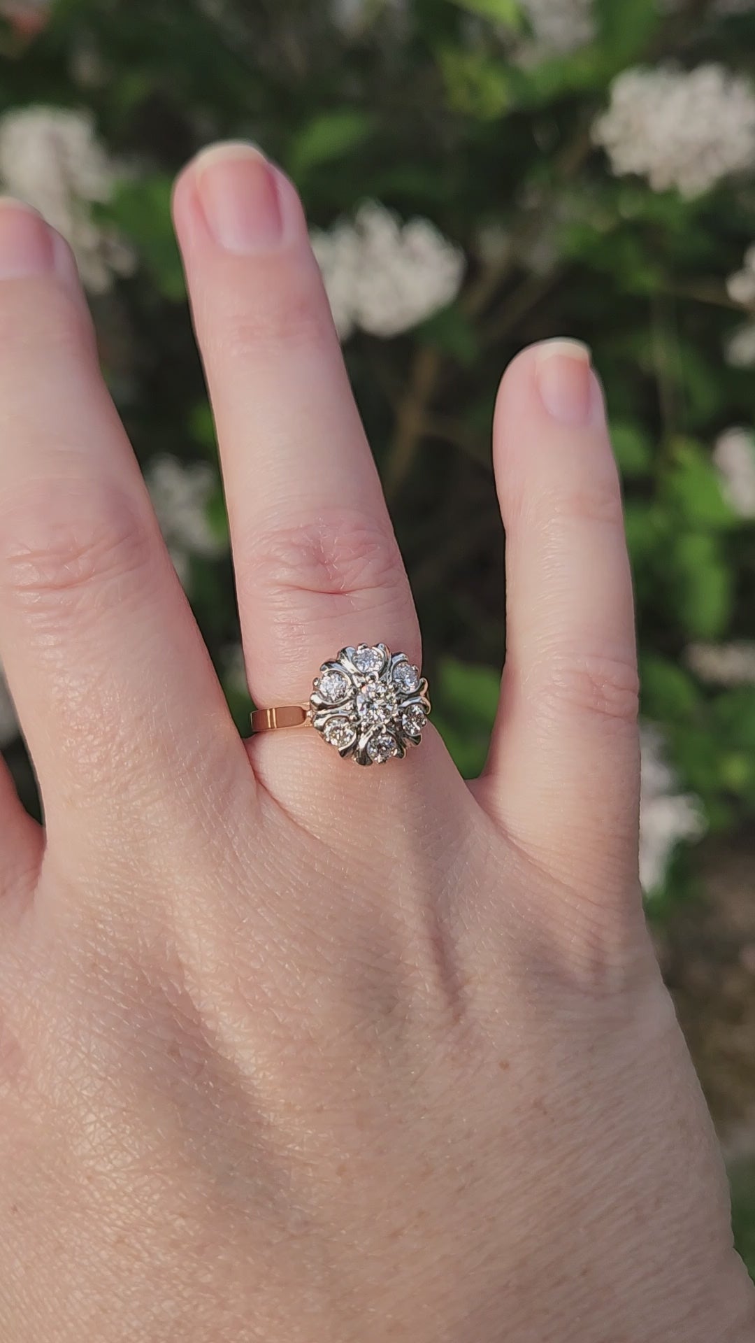 Vintage Old European Cut Diamond Daisy Cluster Ring in 14k White and Yellow Gold