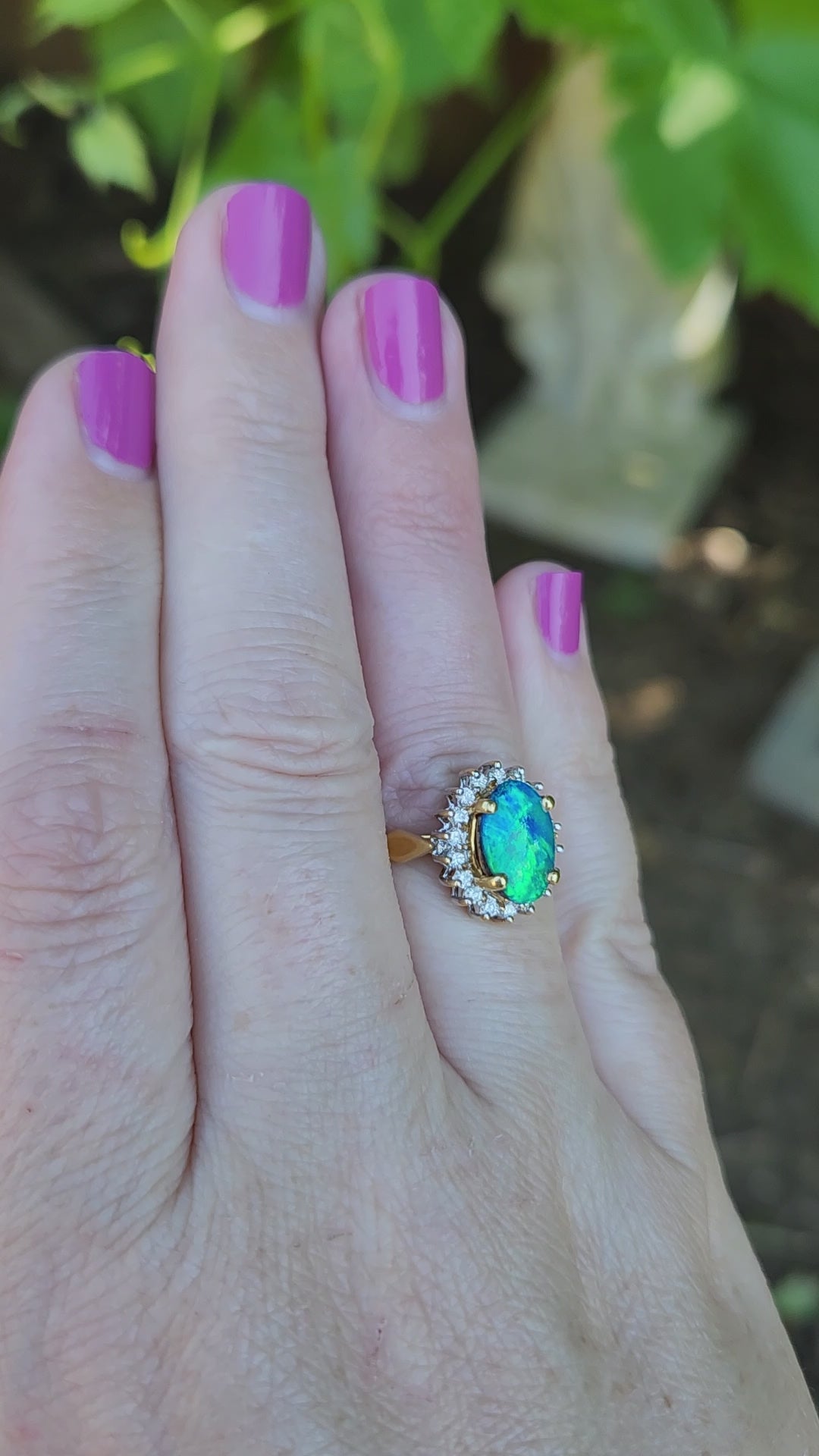 Vintage Blue & Green Boulder Opal and Diamond Ring in 18k Yellow Gold