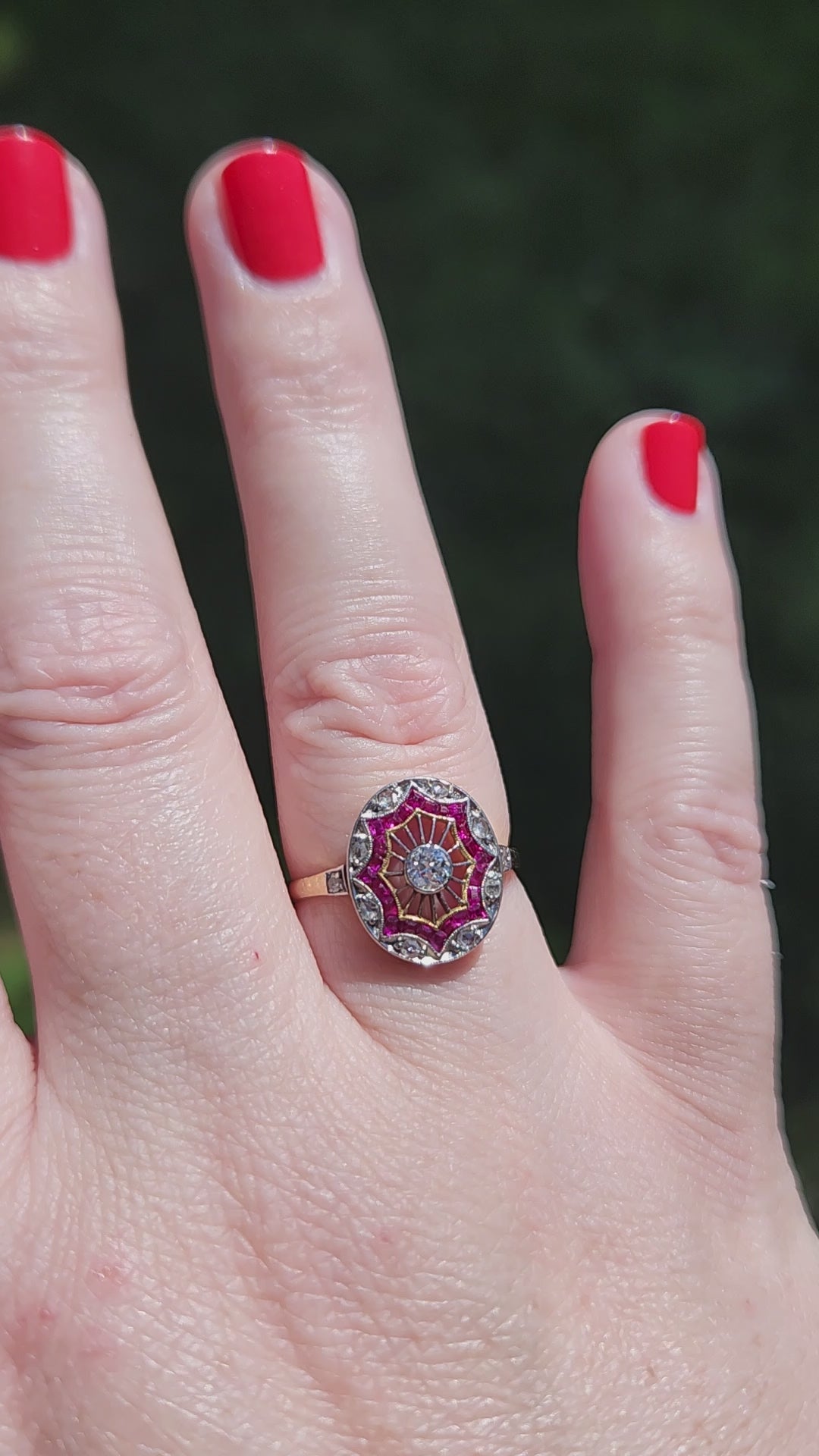 Edwardian Ruby and Old European Cut Diamond Wire Work Ring in 18k and Platinum