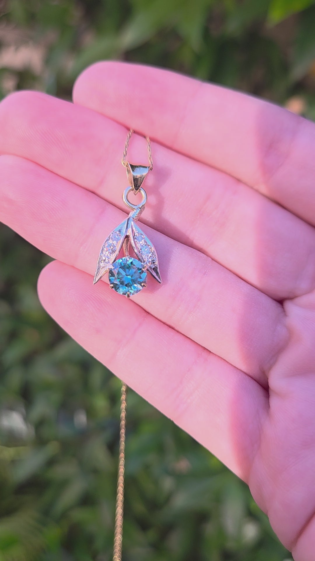 Sparkling Retro Blue Zircon and Diamond Pendant Necklace in 14k Yellow Gold