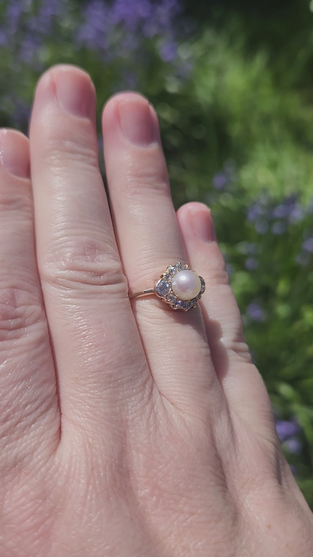 Glorious Victorian Pearl and Old Cut Diamond Ring in 14k Yellow Gold