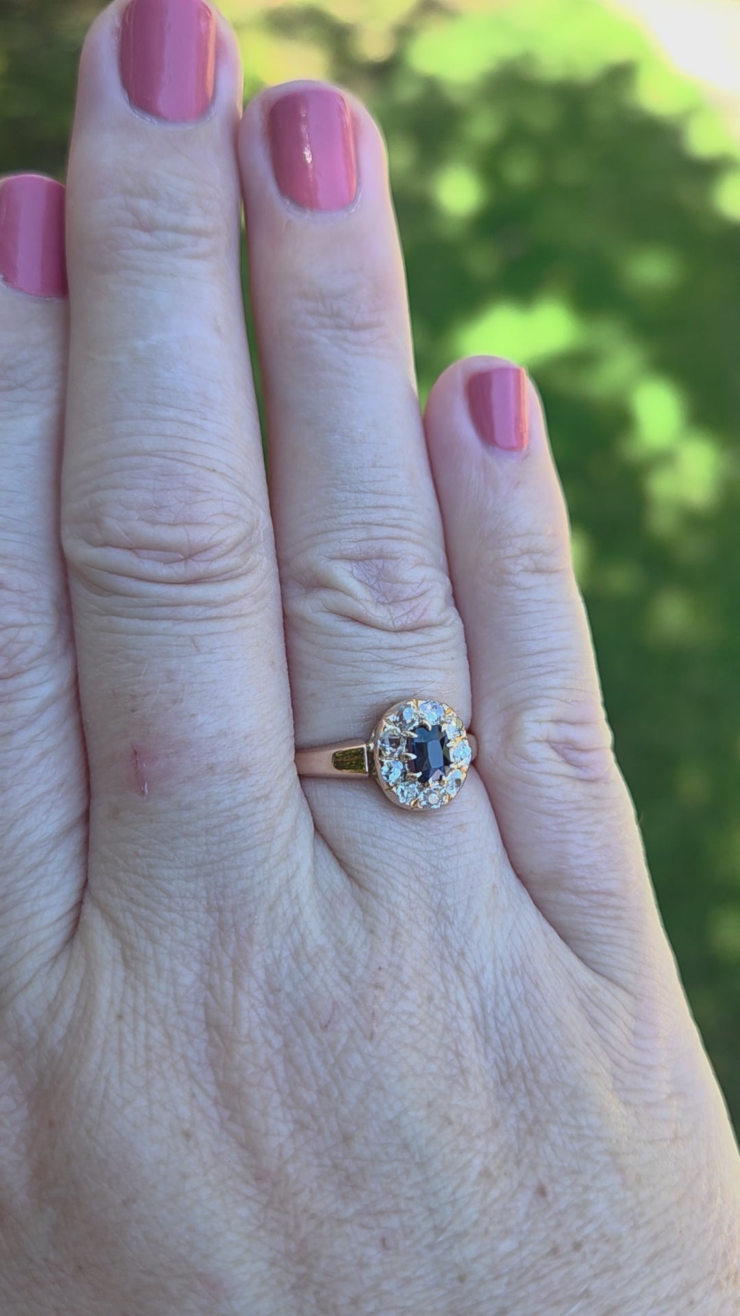 Victorian Deep Blue Sapphire and Old Mine Cut Diamond Halo Ring in 10k Rose Gold