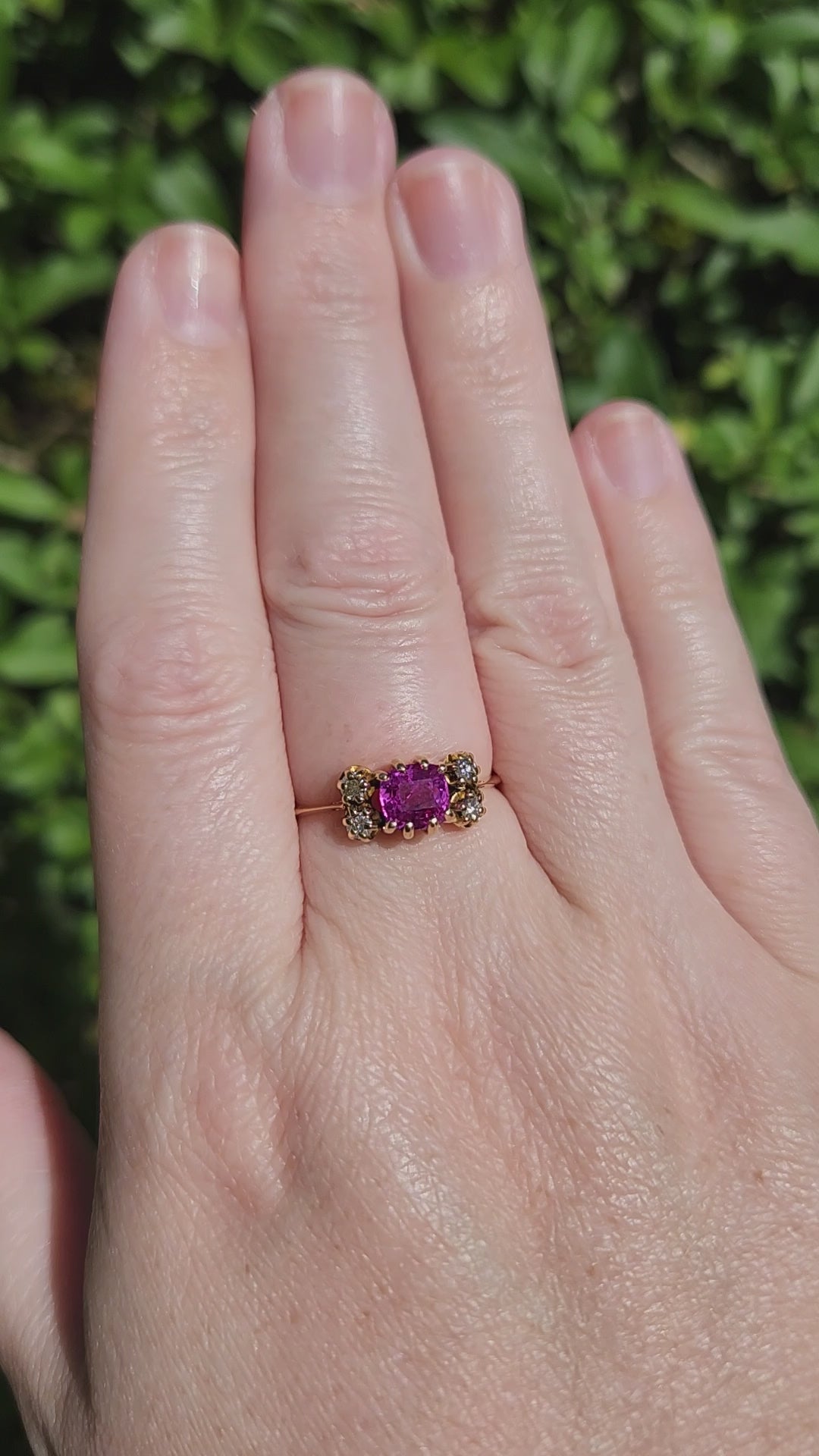 Lovely Vintage Purple Pink Sapphire and Diamond Ring in 14k Yellow Gold