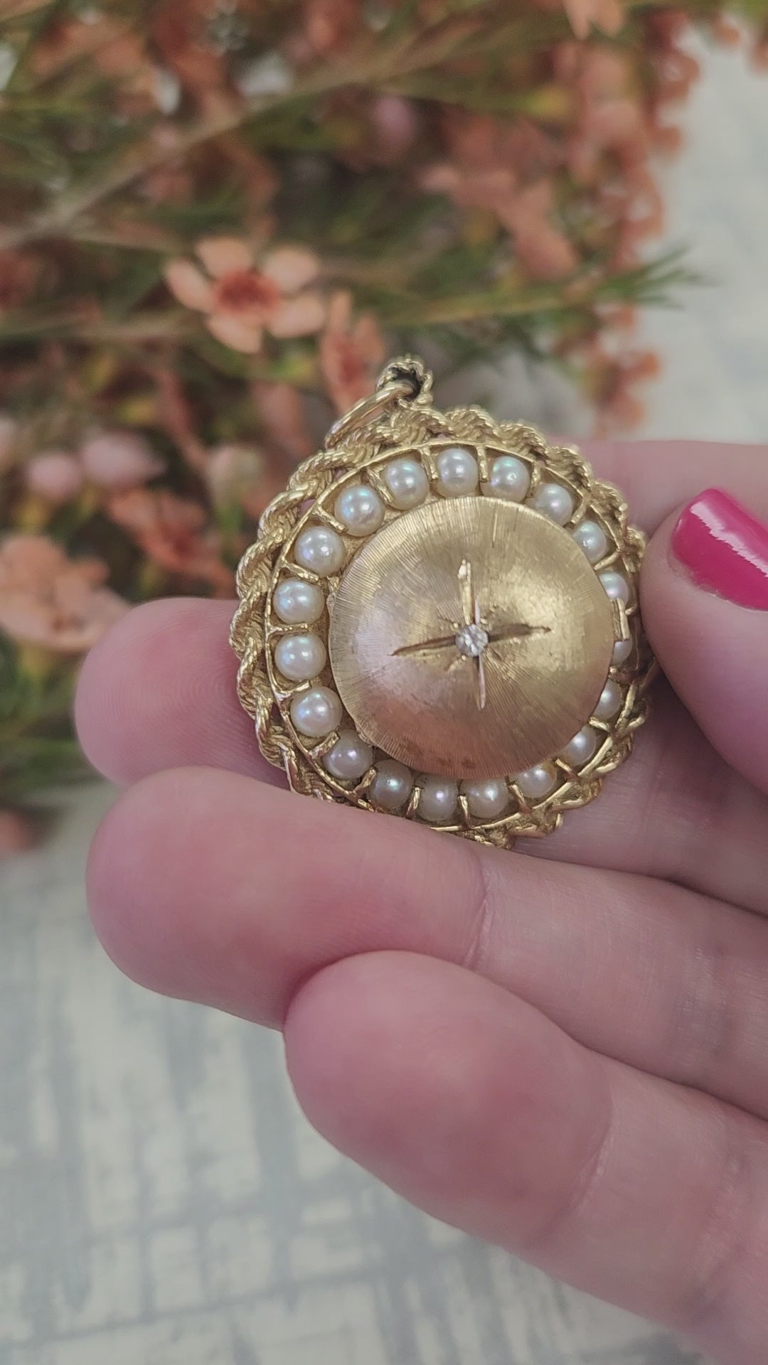Vintage Large Mid-Century Diamond and Pearl Locket in 14k Yellow Gold