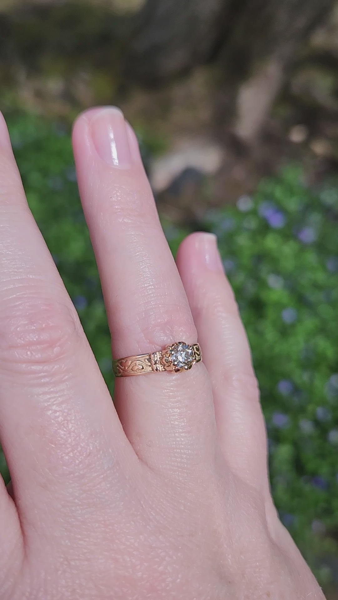 Victorian Old European Cut Diamond Engagement Ring Engraved in 14k Rosy Gold