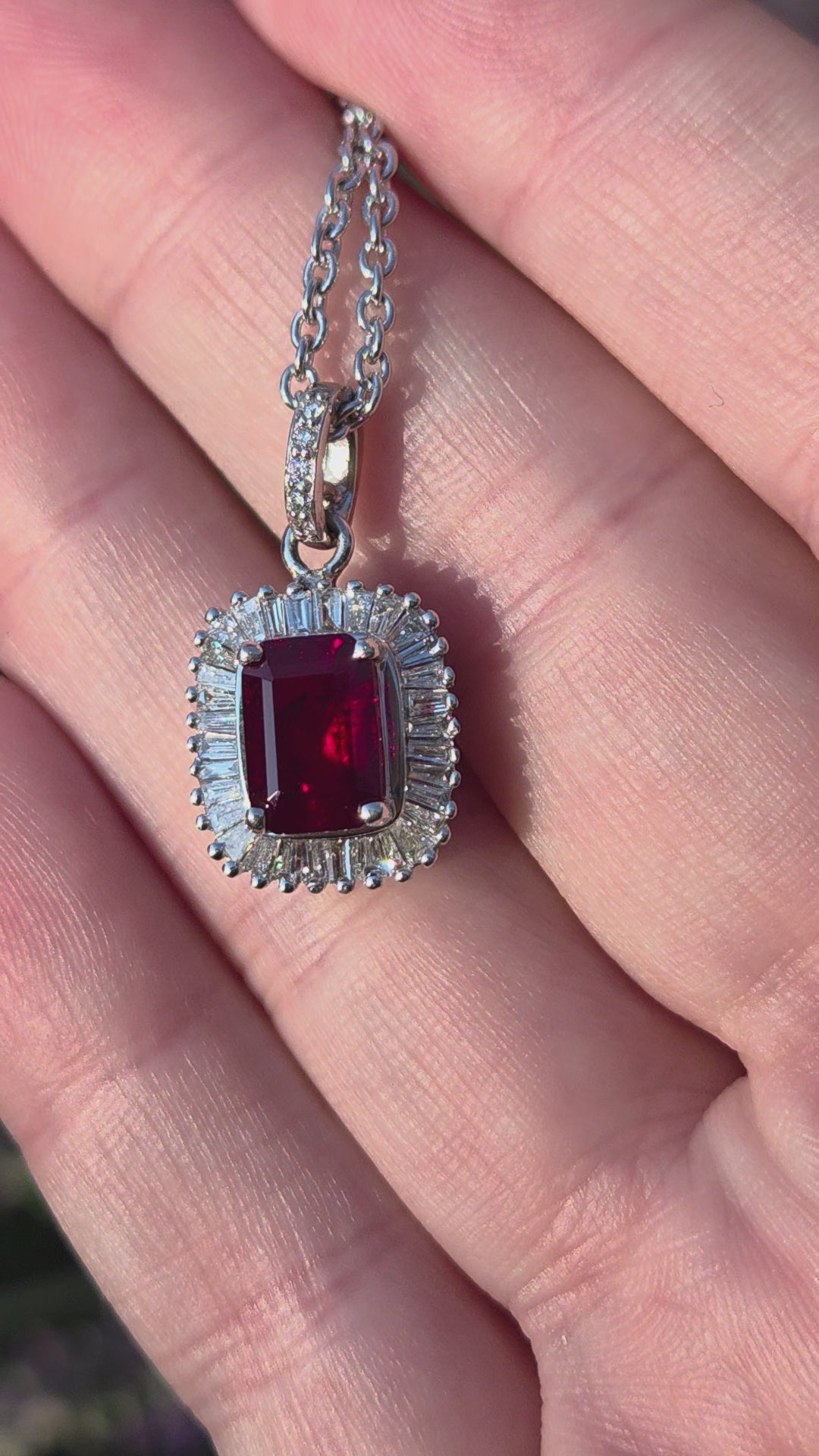 GIA Certified 1.94ct Burmese Ruby & Diamond Ballerina Pendant Necklace in 14k White Gold