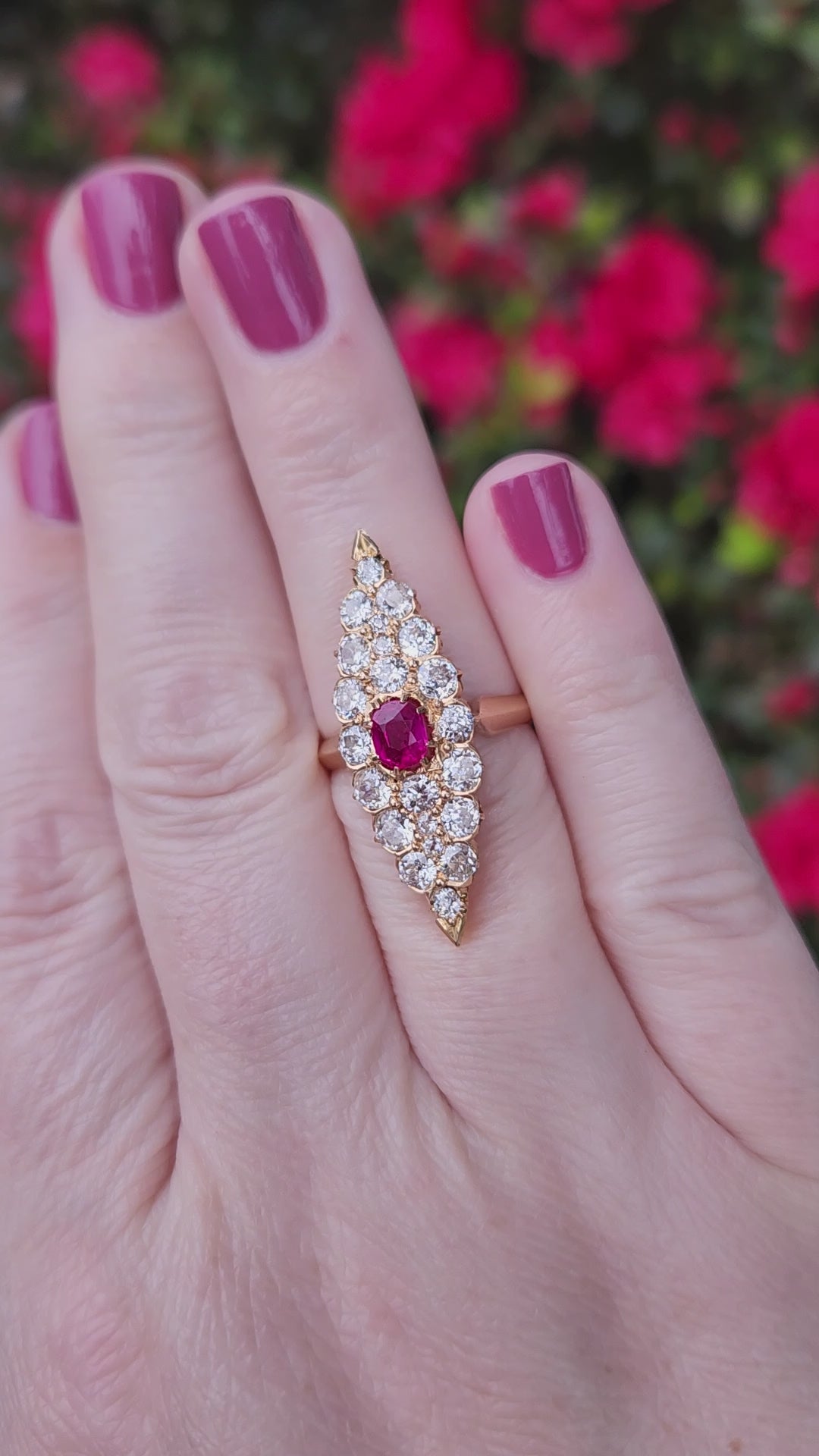 GIA Certified Ruby and Old European Cut Diamond Navette Ring in 14k Yellow Gold