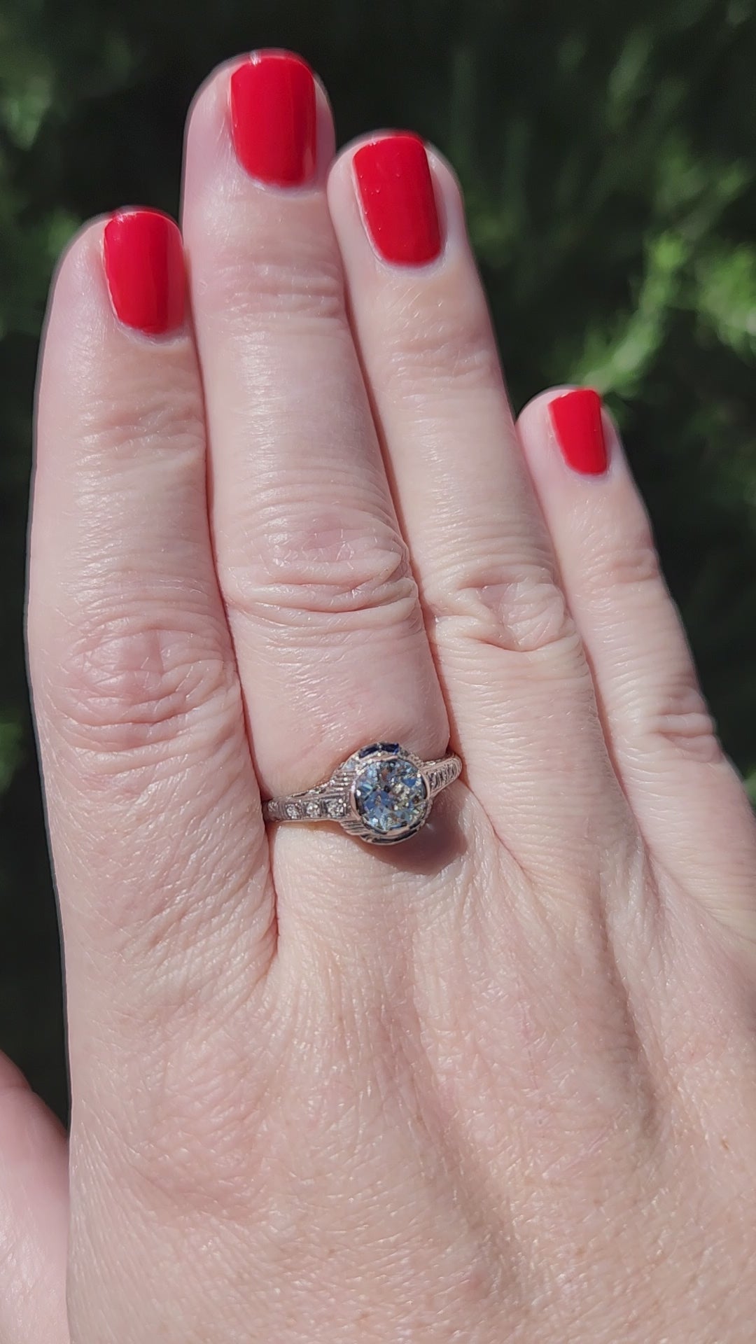 Art Deco Old European Cut Diamond & Sapphire Filigree Engagement Ring in Platinum
