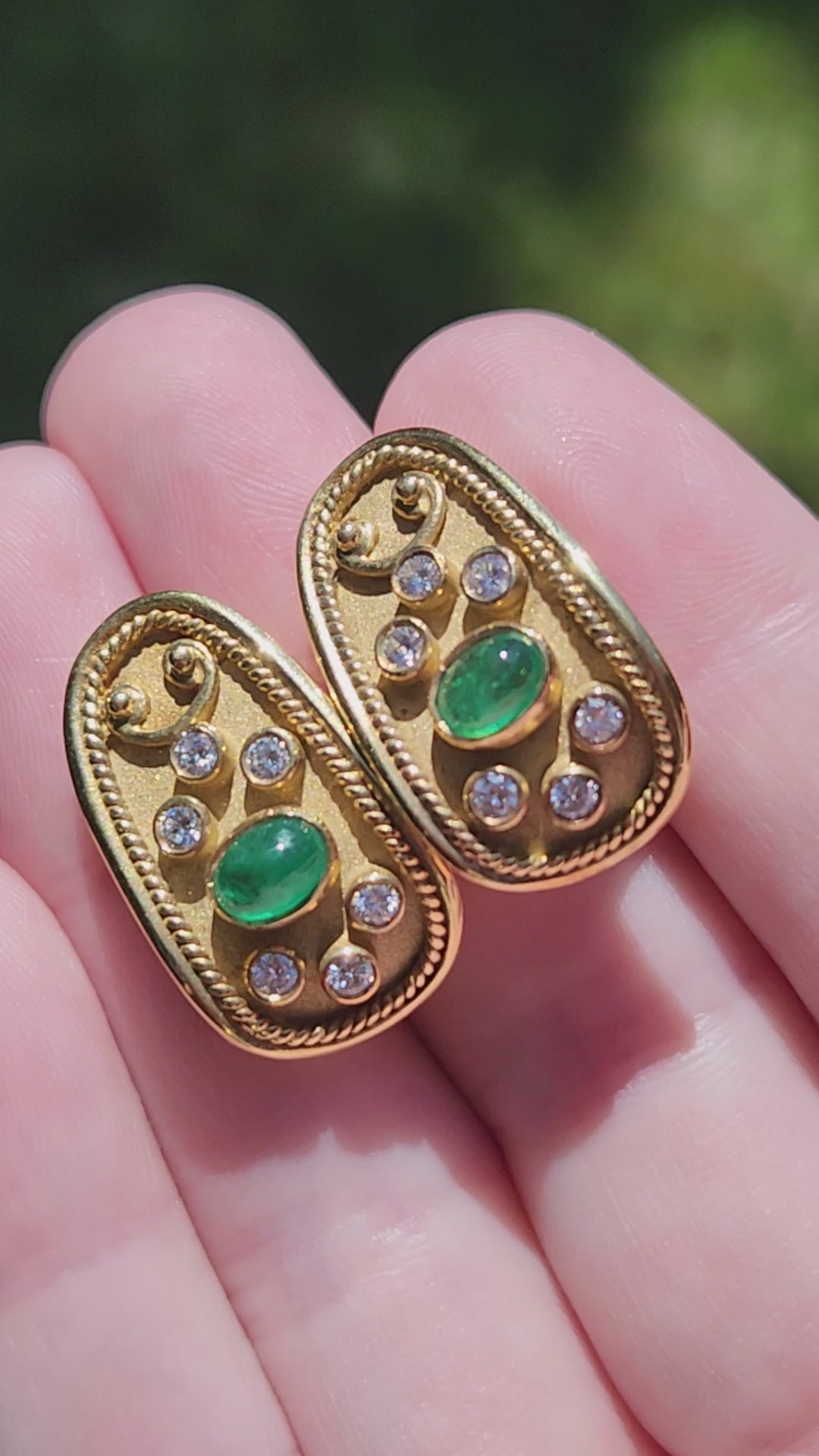Etruscan Revival Bezel Set Emerald and Diamond Earrings in 18k Yellow Gold