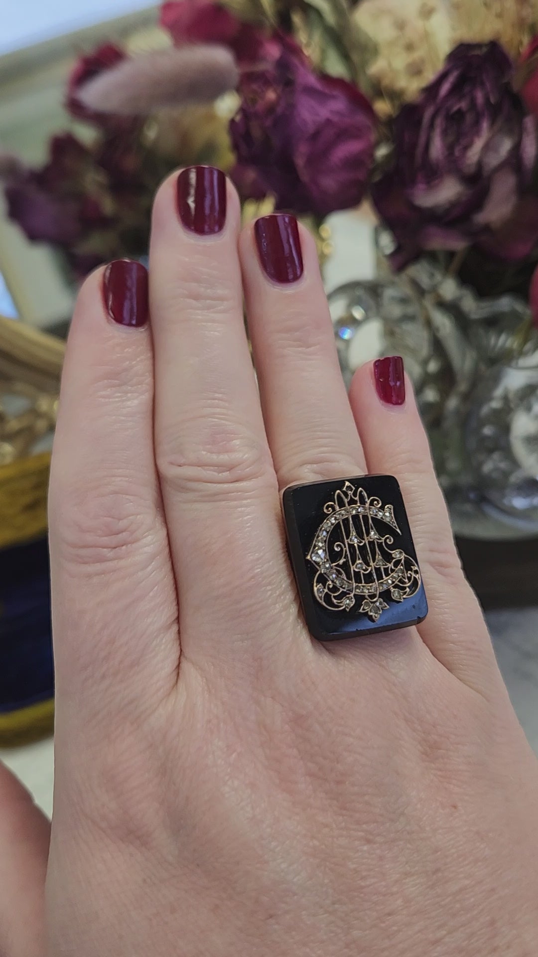 Exquisite Victorian Rose Cut Diamond "C" Ring on Onyx in 10k White Gold