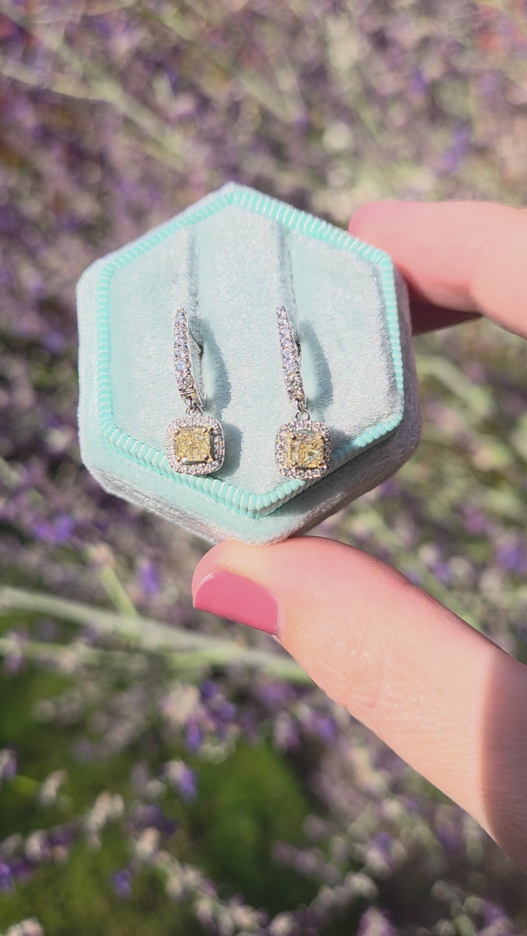 Natural Yellow Diamond Cushion Cut Dangle Halo Earrings in 18k White Gold
