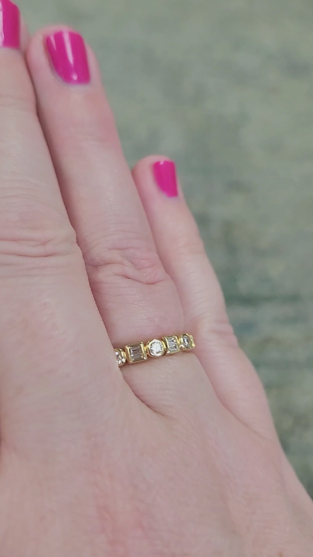 Bezel Set Round and Baguette Cut Diamond Band Ring in 14k Yellow Gold