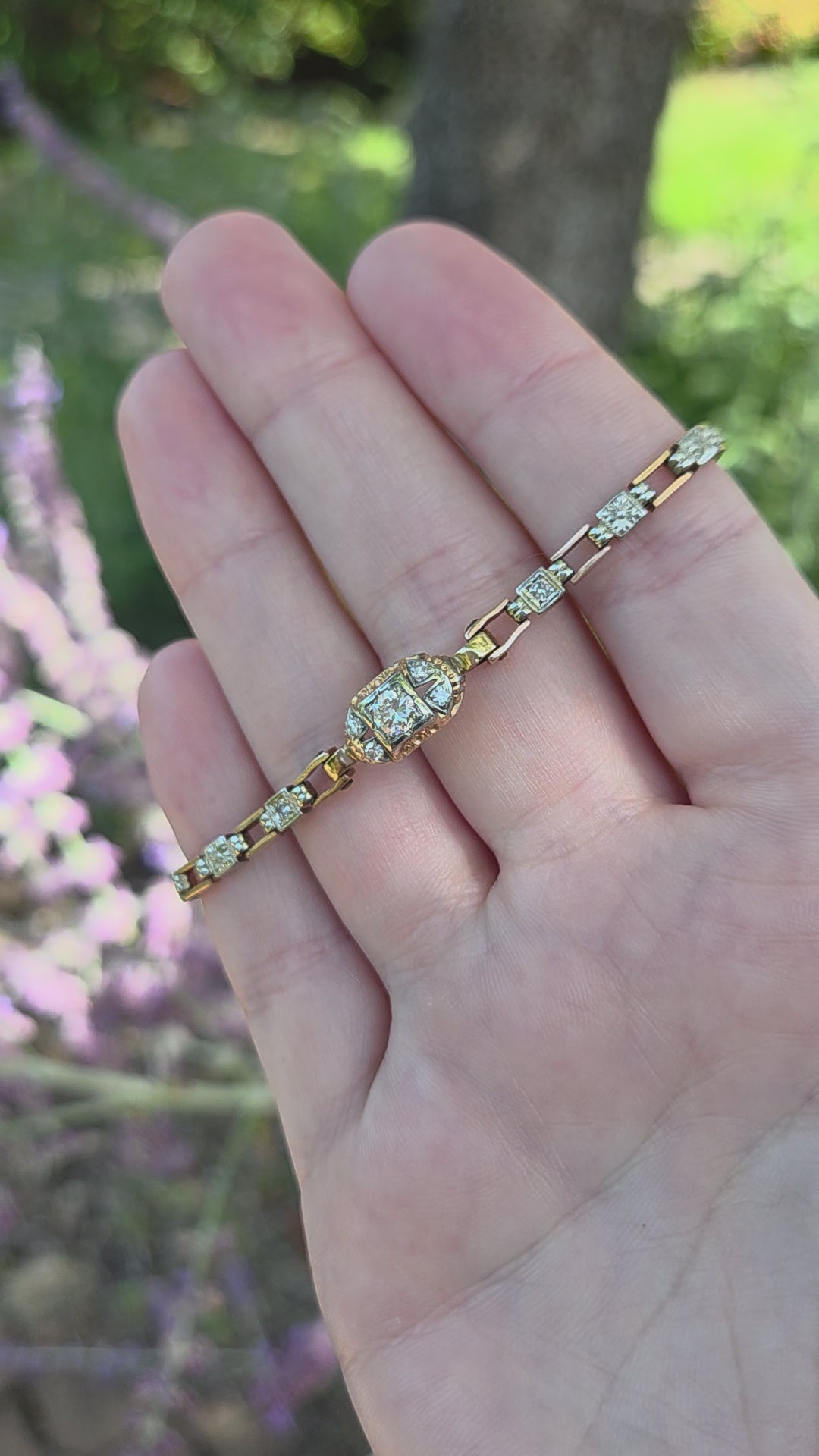 Petite Art Deco Old European Cut Diamond Chain Bracelet in 14k Rose & White Gold