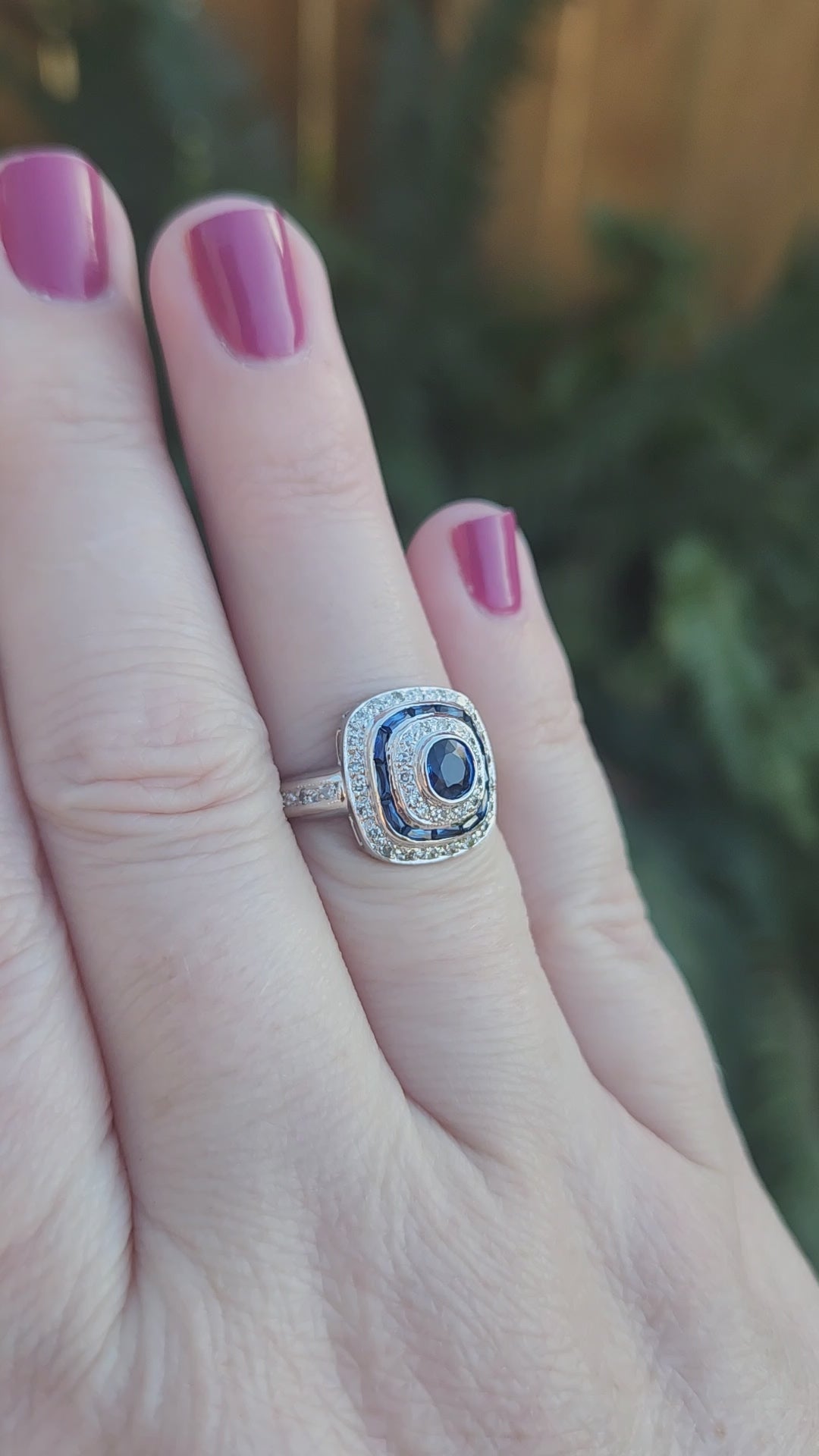 Vintage Blue Sapphire and Diamond Double Halo Bezel Set Oval Ring in 14k White Gold