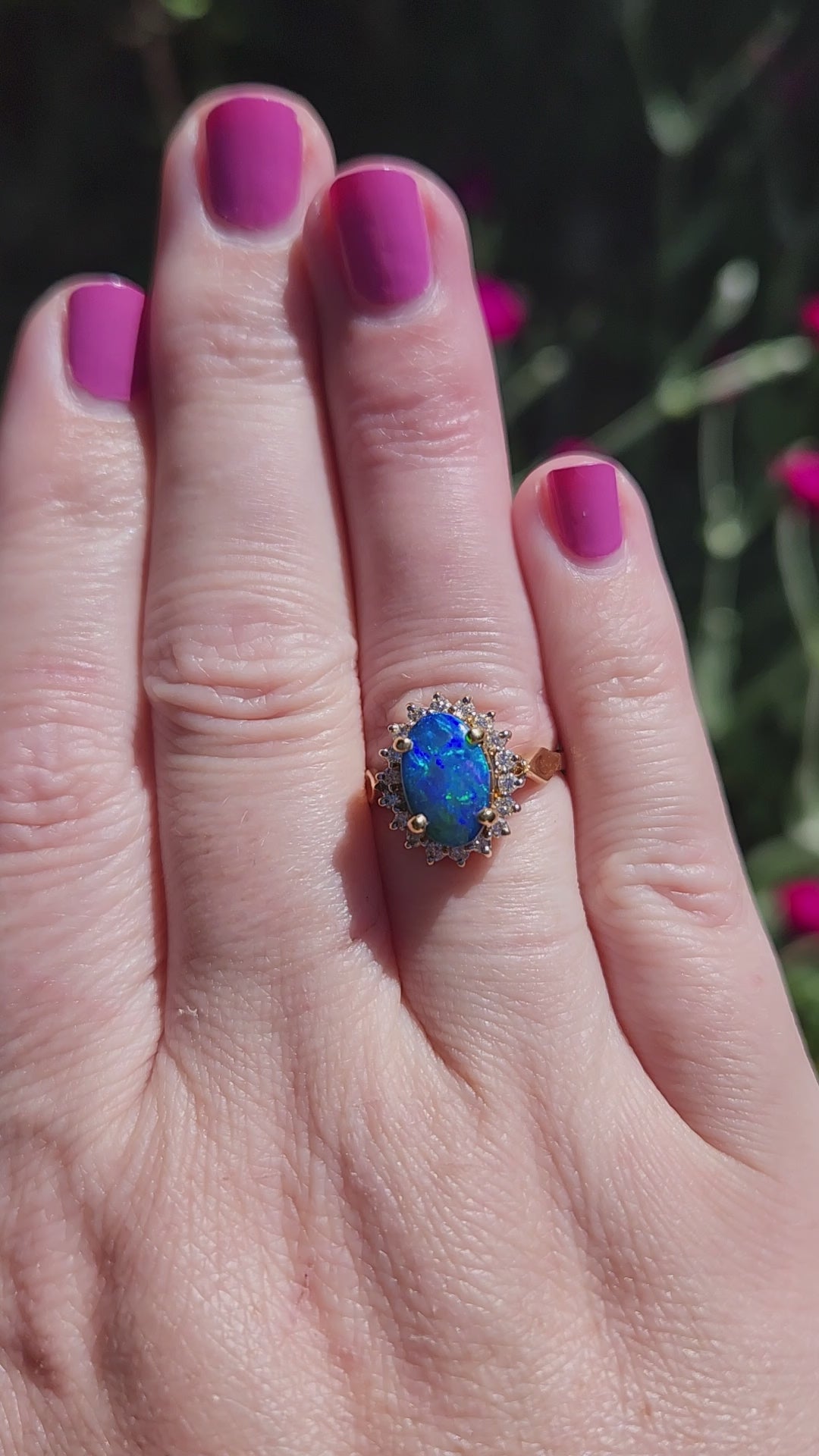 Vintage Blue & Green Boulder Opal and Diamond Ring in 18k Yellow Gold