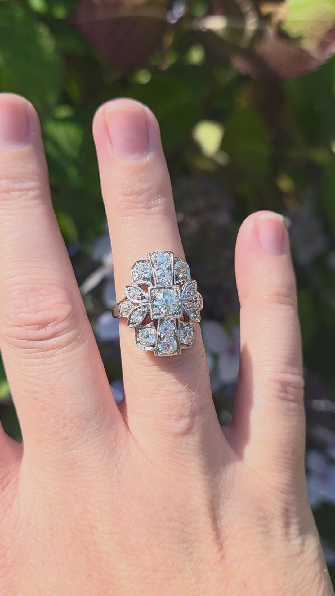 Old European Cut Diamond Cluster Panel Statement Cocktail Ring in Platinum