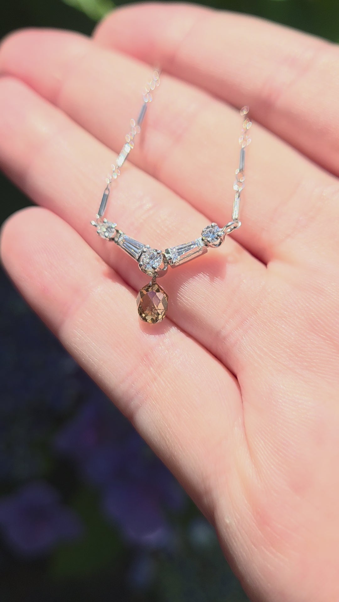 Vintage Champagne Diamond Briolette Drop Necklace in 14k White Gold 15"
