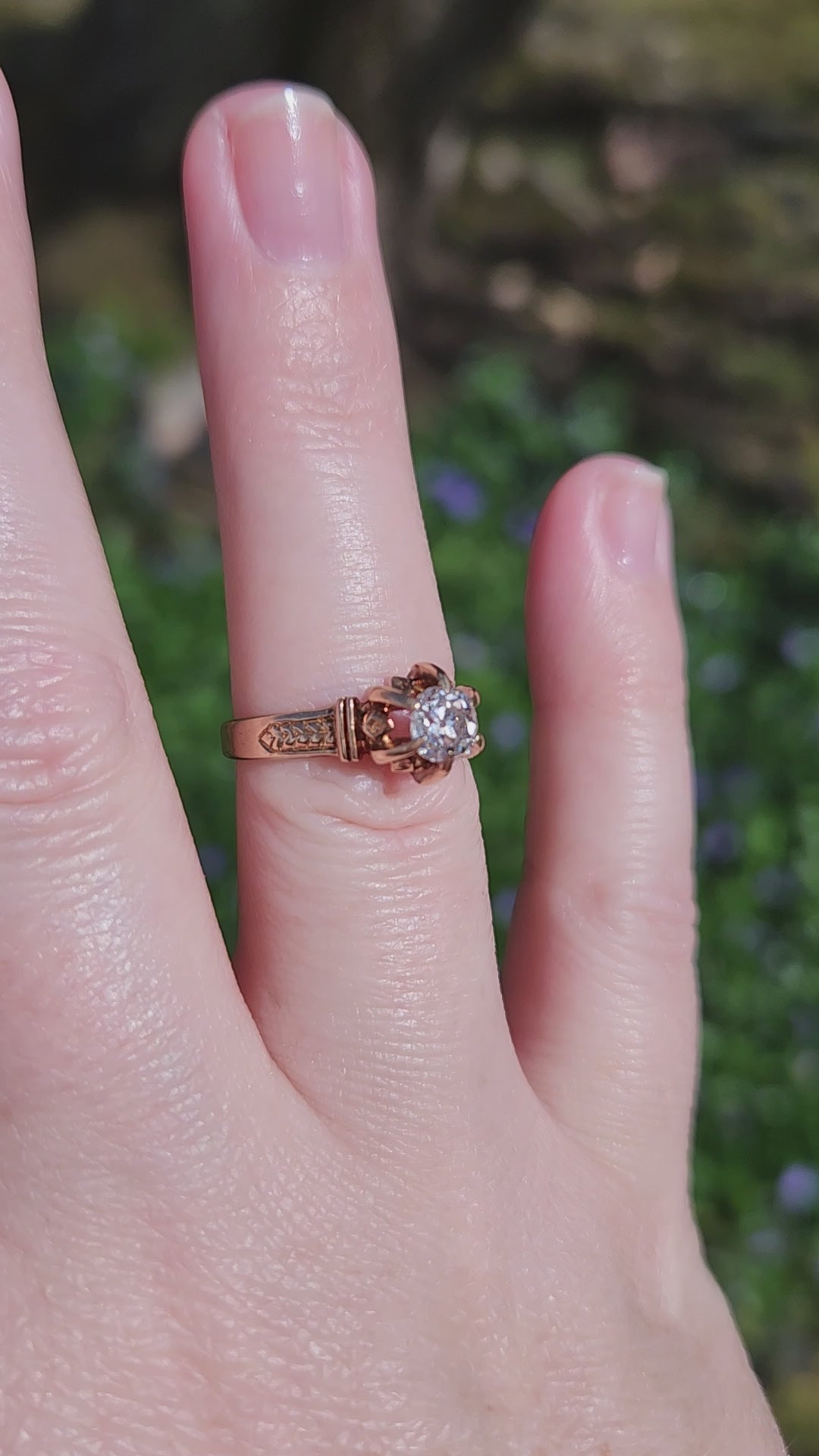 Antique Old Mine Cut Diamond Solitaire in Architectural 14k Rose Gold Ring