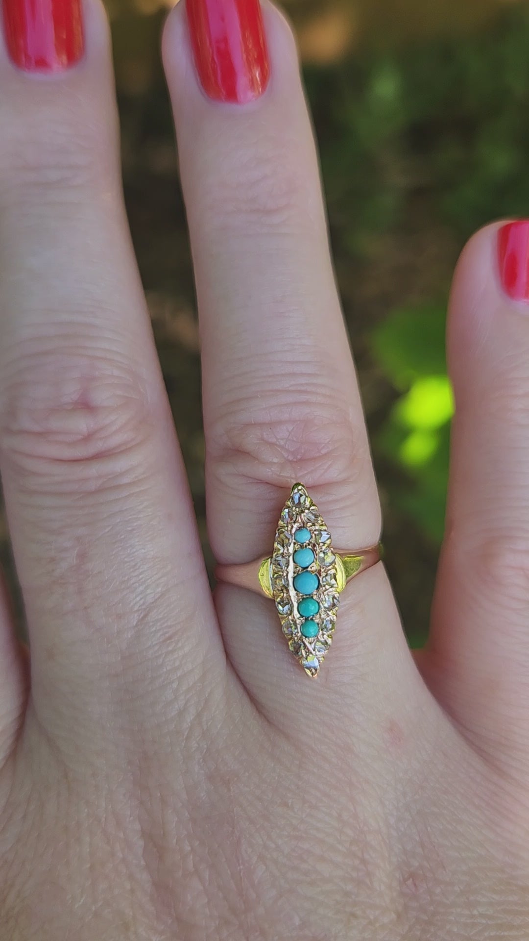 Victorian Turquoise and Rose Cut Diamond Navette Ring in 14k Rose Gold