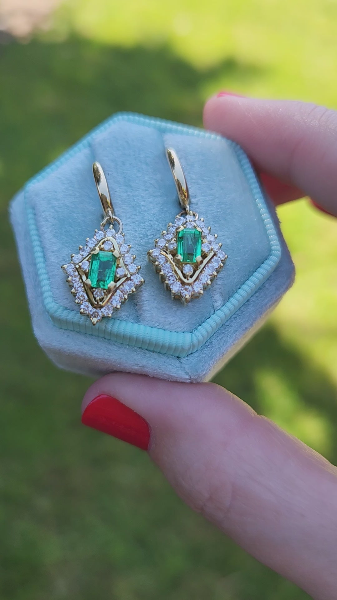 Gorgeous Green Emerald and Diamond Dangle Earrings in 18k Yellow Gold