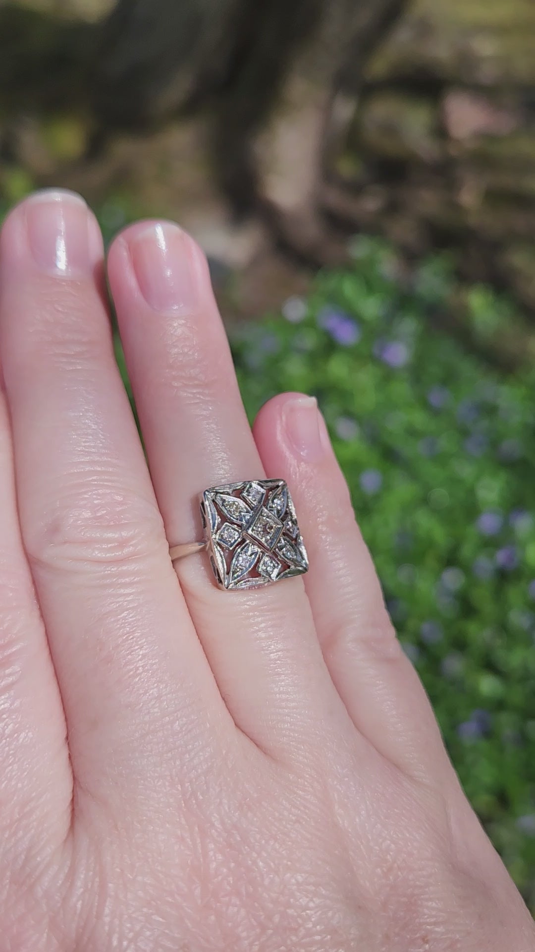 Late Art Deco Square Pierced Old Cut Diamond Ring in 14k White Gold