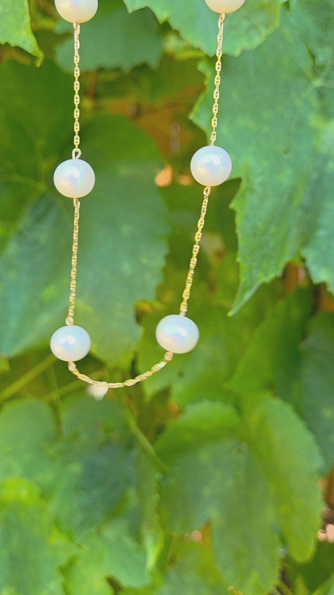 Vintage Pearl Station Tin Cup Necklace in 18k Yellow Gold