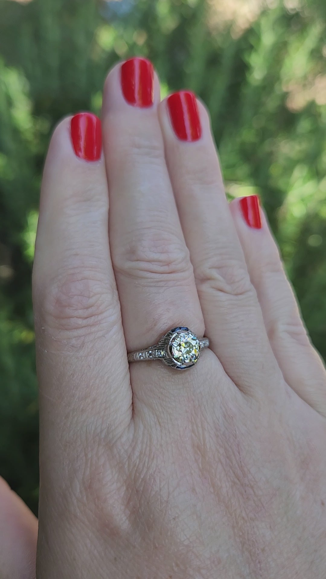 Art Deco Old European Cut Diamond & Sapphire Filigree Engagement Ring in Platinum