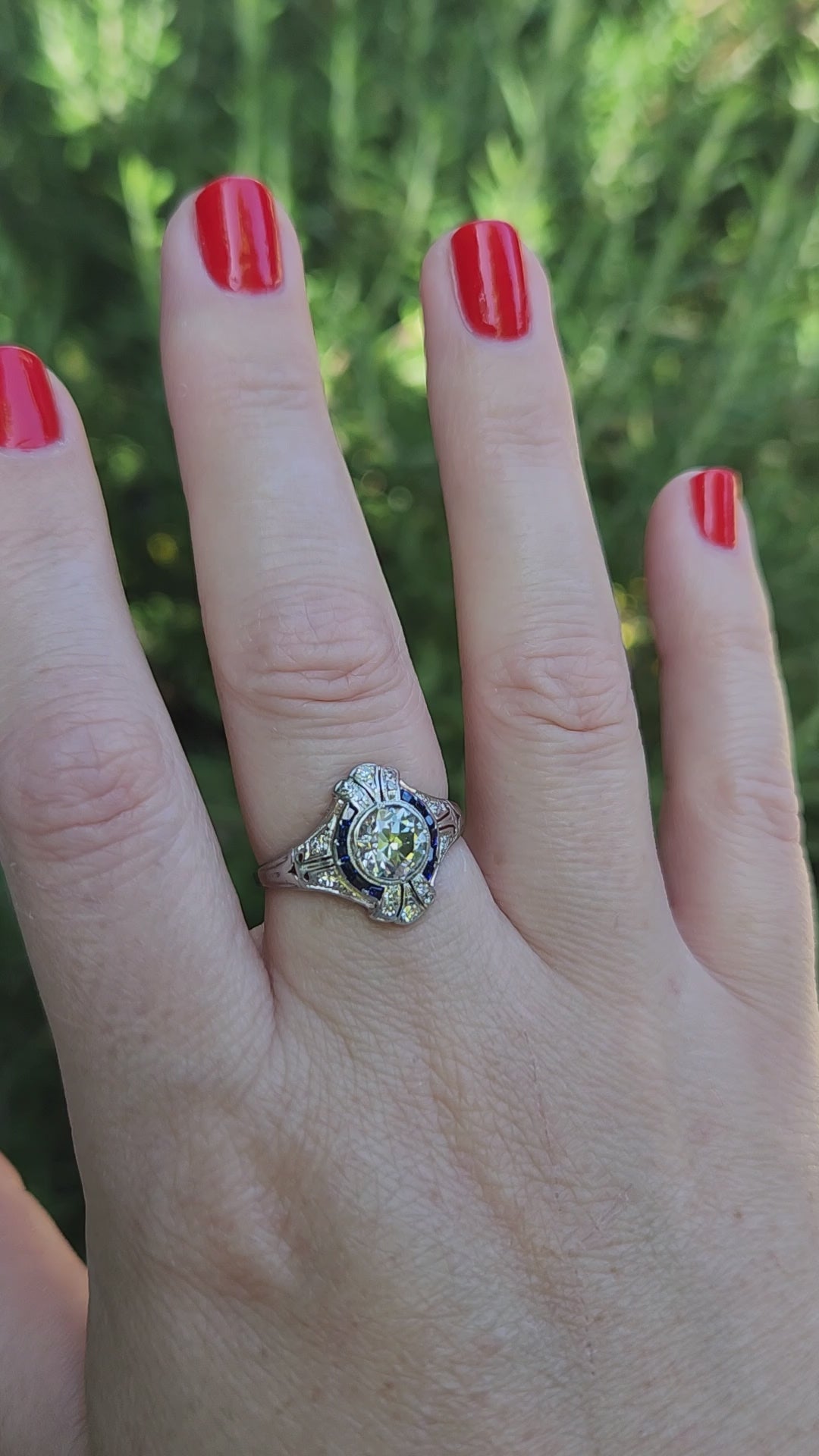 Dazzling Art Deco Old European Cut Diamond and Sapphire Engagement Ring in Platinum