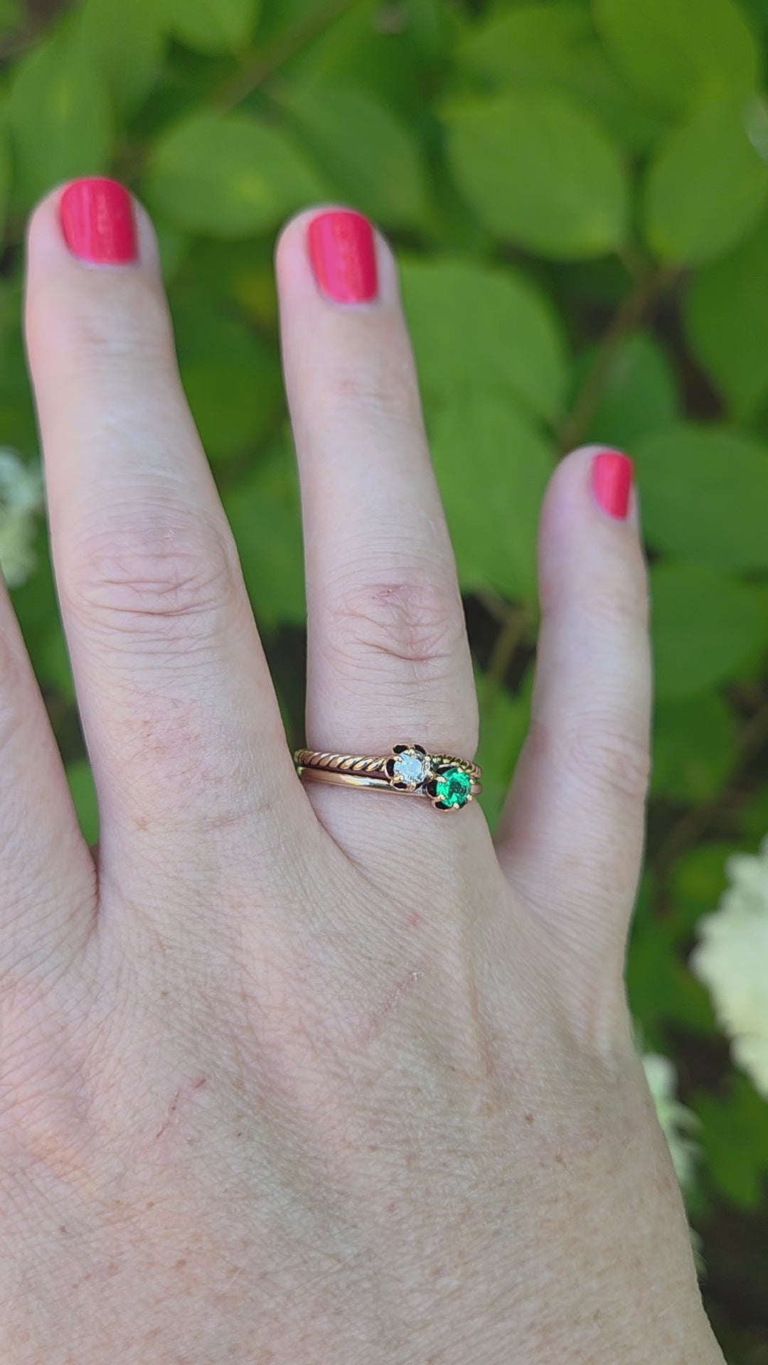 Antique Victorian Emerald and Old Mine Cut Toi et Moi Ring in 10k Rose Gold