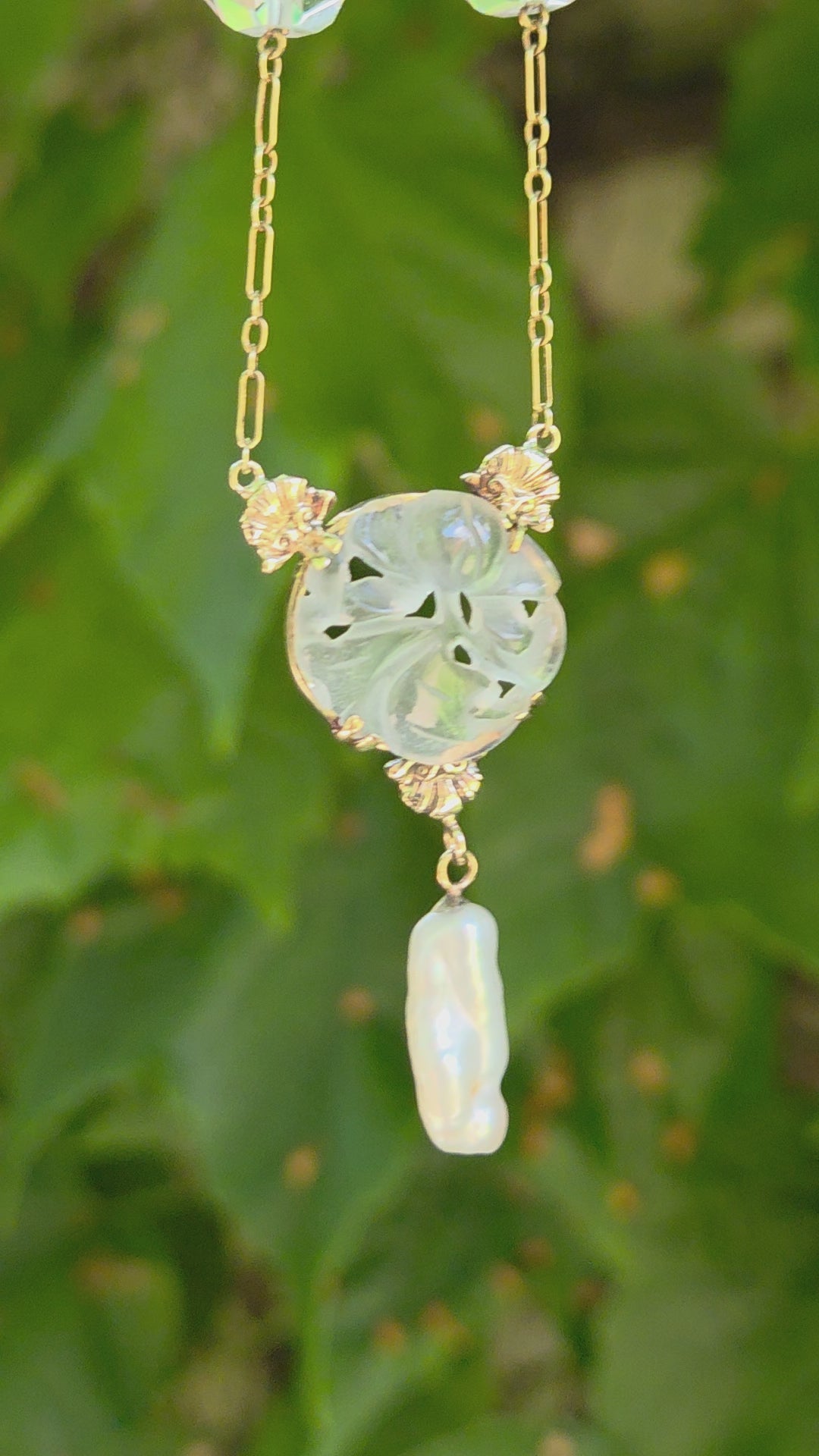  Art Nouveau Rock Crystal Quartz and Pearl Drop Necklace in 14k Yellow Gold