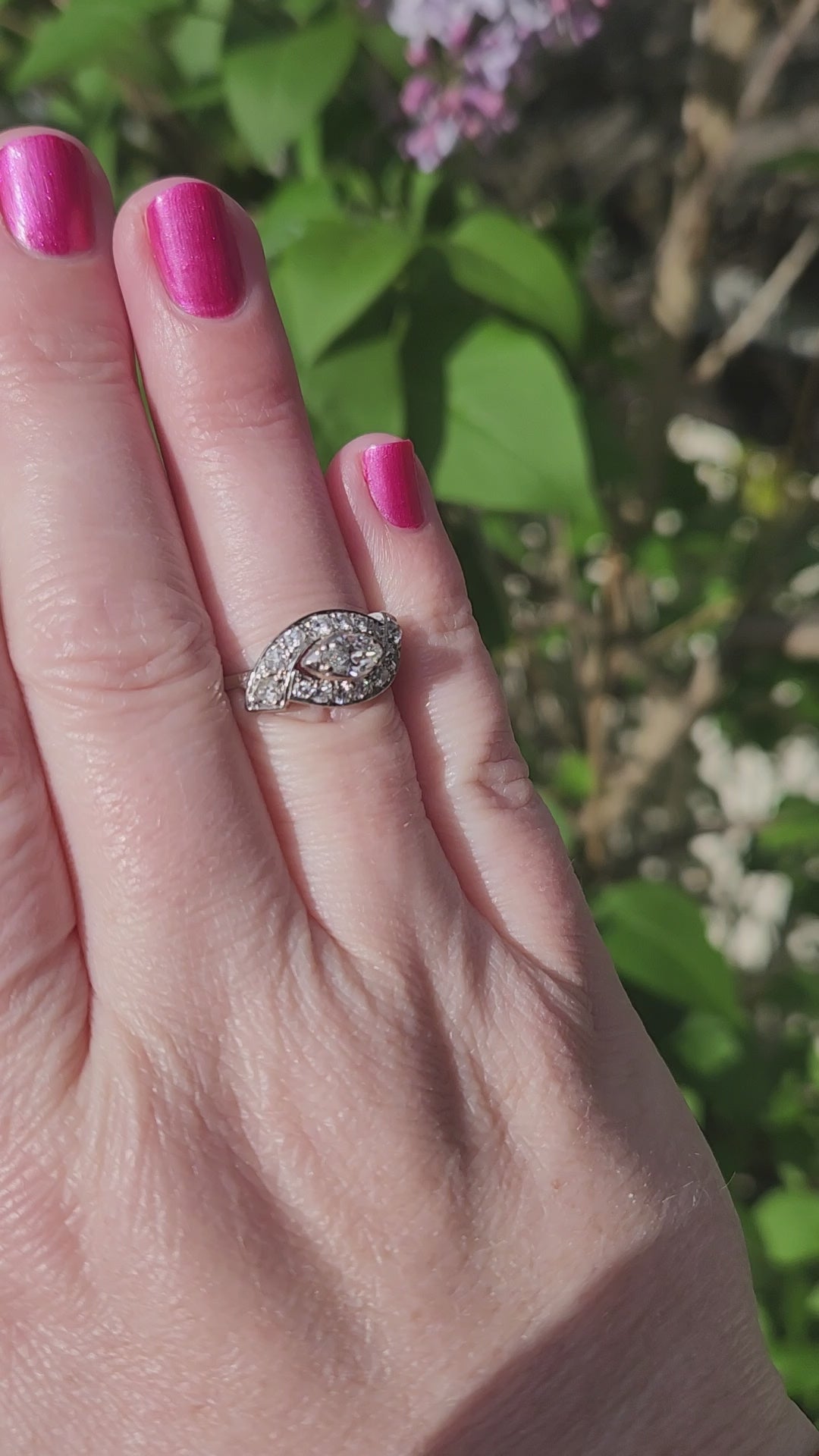 Vintage Marquise Cut Diamond East West Cross Over Ring in 14k White Gold