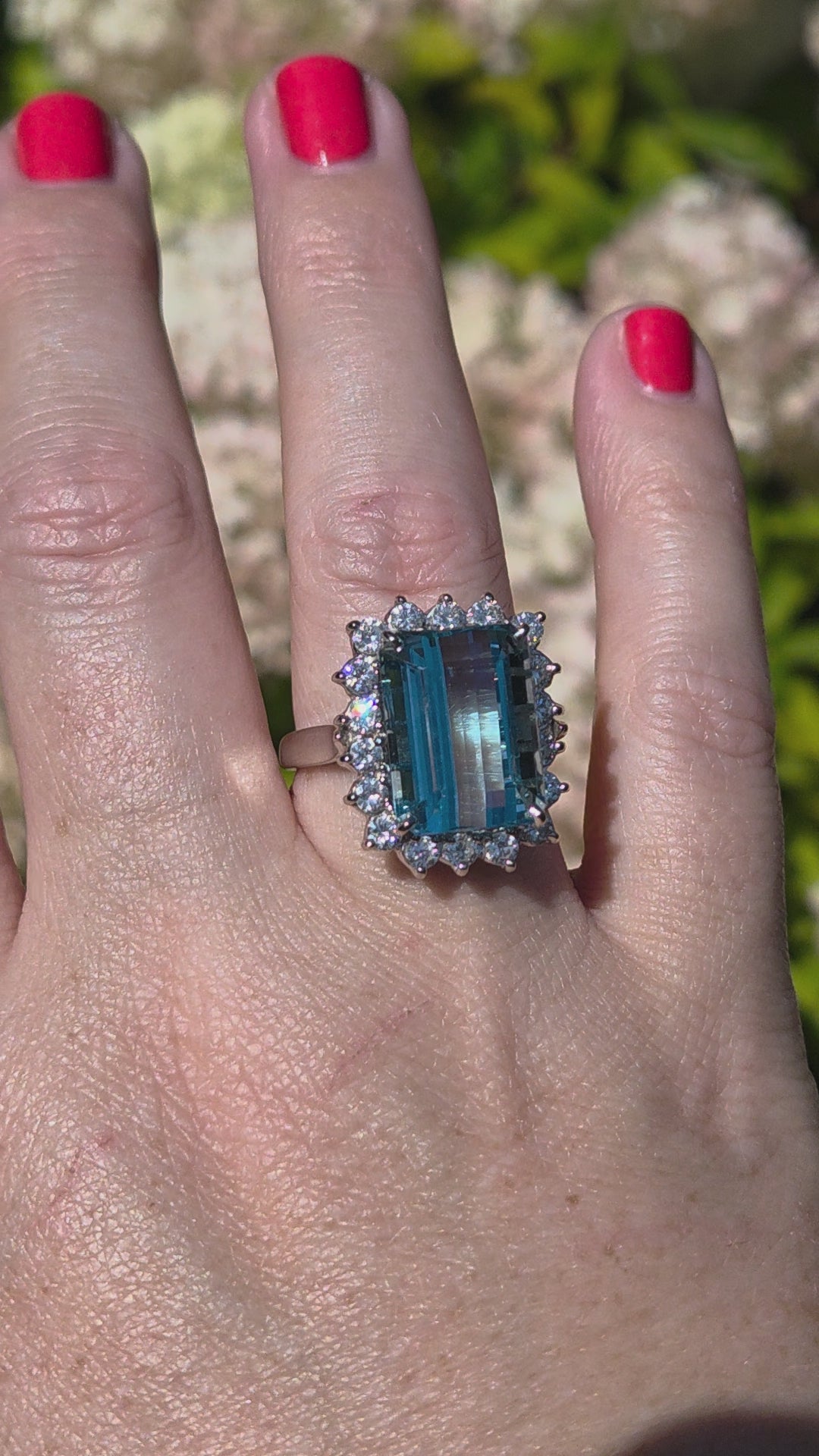 Vintage Emerald Cut Aquamarine Diamond Halo Cocktail Ring in 14K White Gold