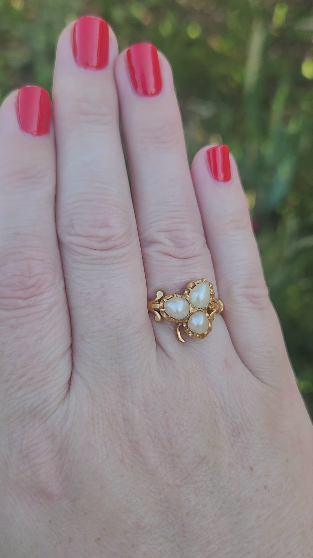 Antique Victorian Triple Pearl Clover Ring in 20k Yellow Gold