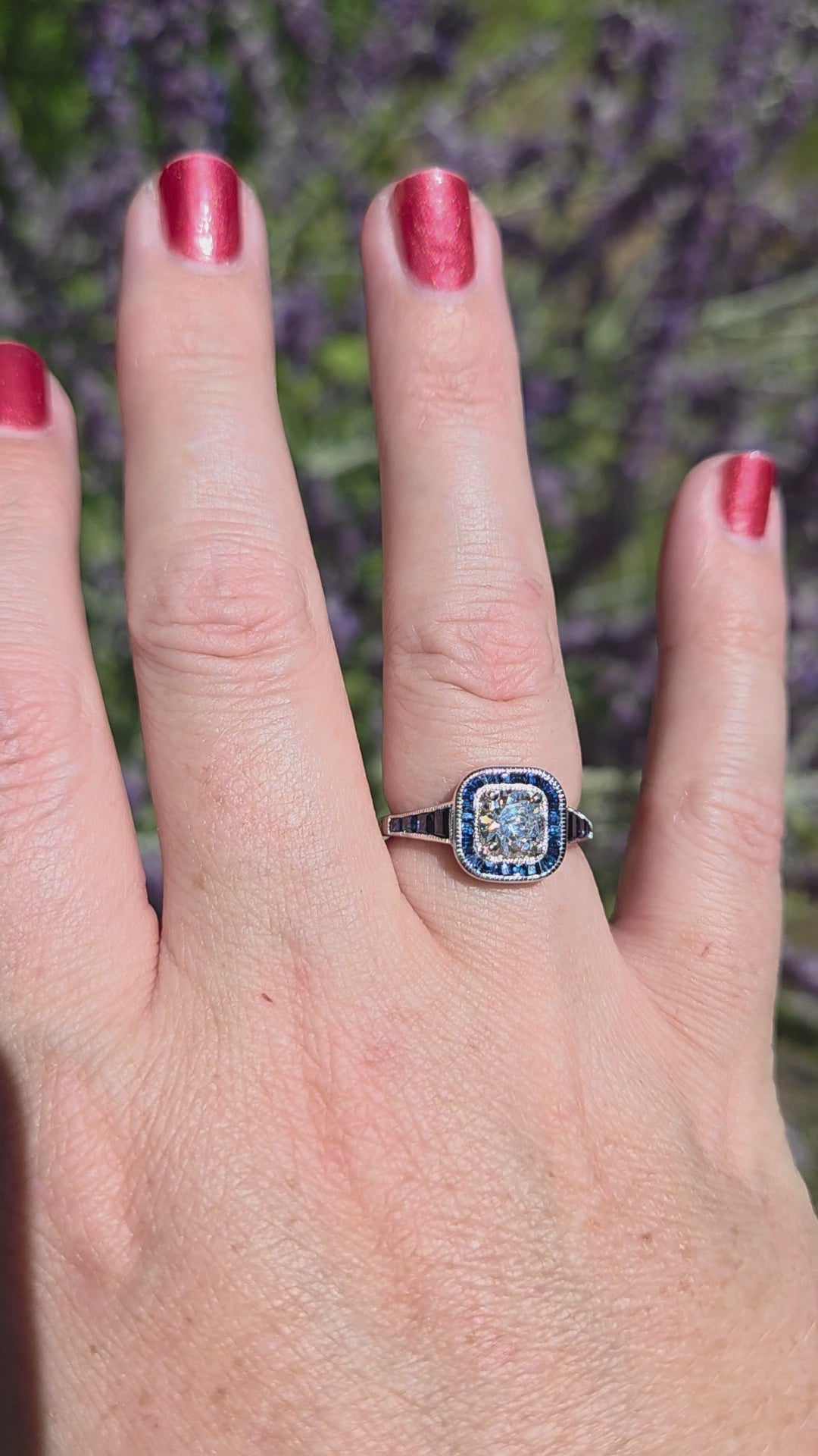 Old European Cut Diamond and Blue Sapphire Halo Ring in 14k White Gold