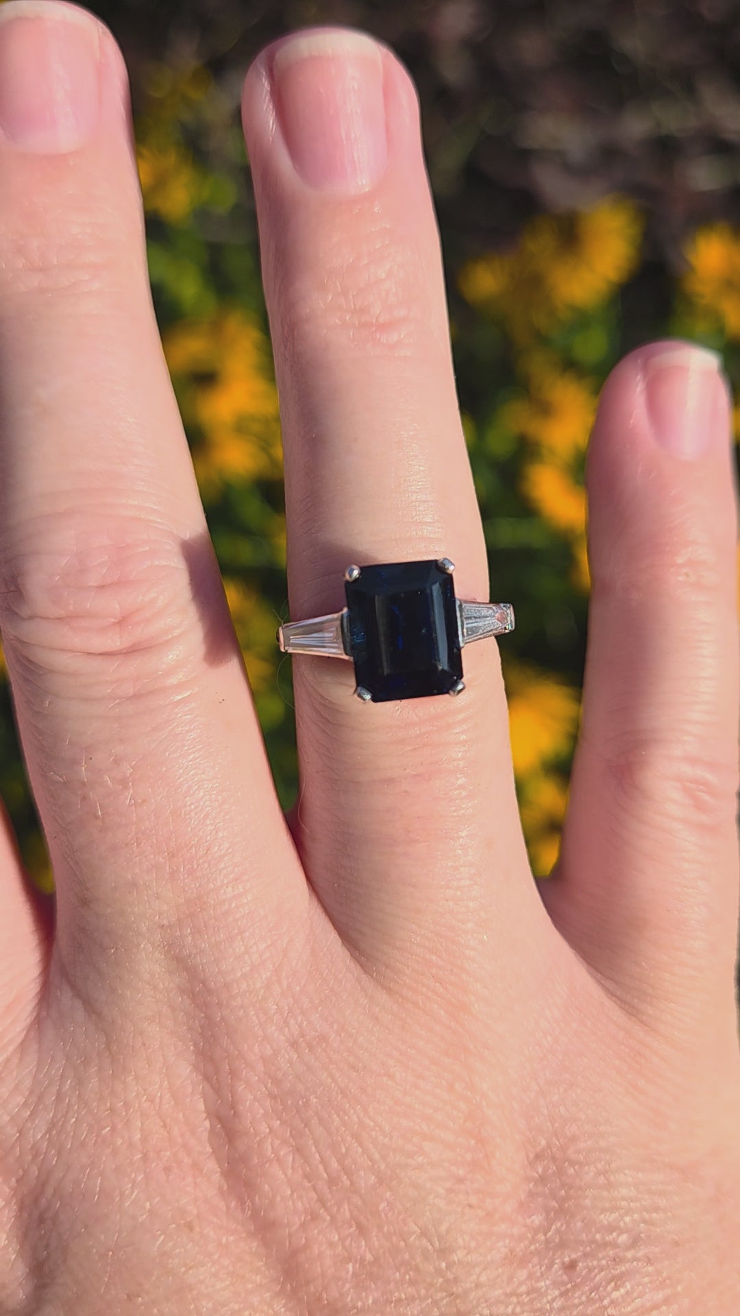 GIA Certified Australian Deep Blue Sapphire and Baguette Diamond Ring in Platinum