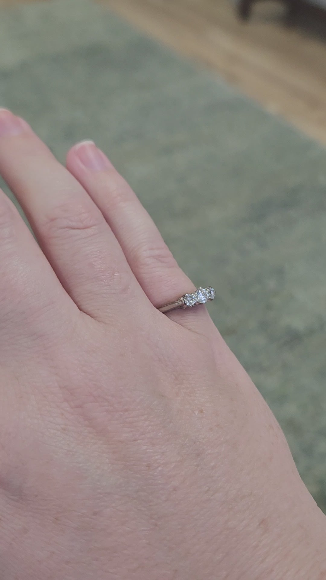 Antique Edwardian Old European Cut Diamond Three Stone Ring in Platinum and 18k Yellow Gold