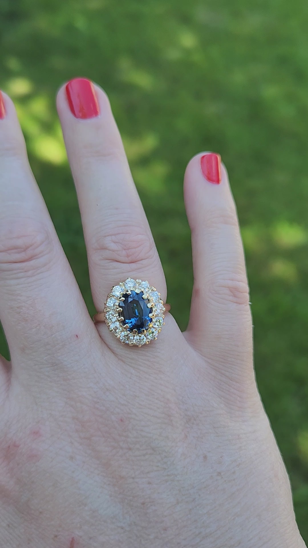 Antique Steely Blue Sapphire and Old European Cut Diamond Ring in 14k Yellow Gold